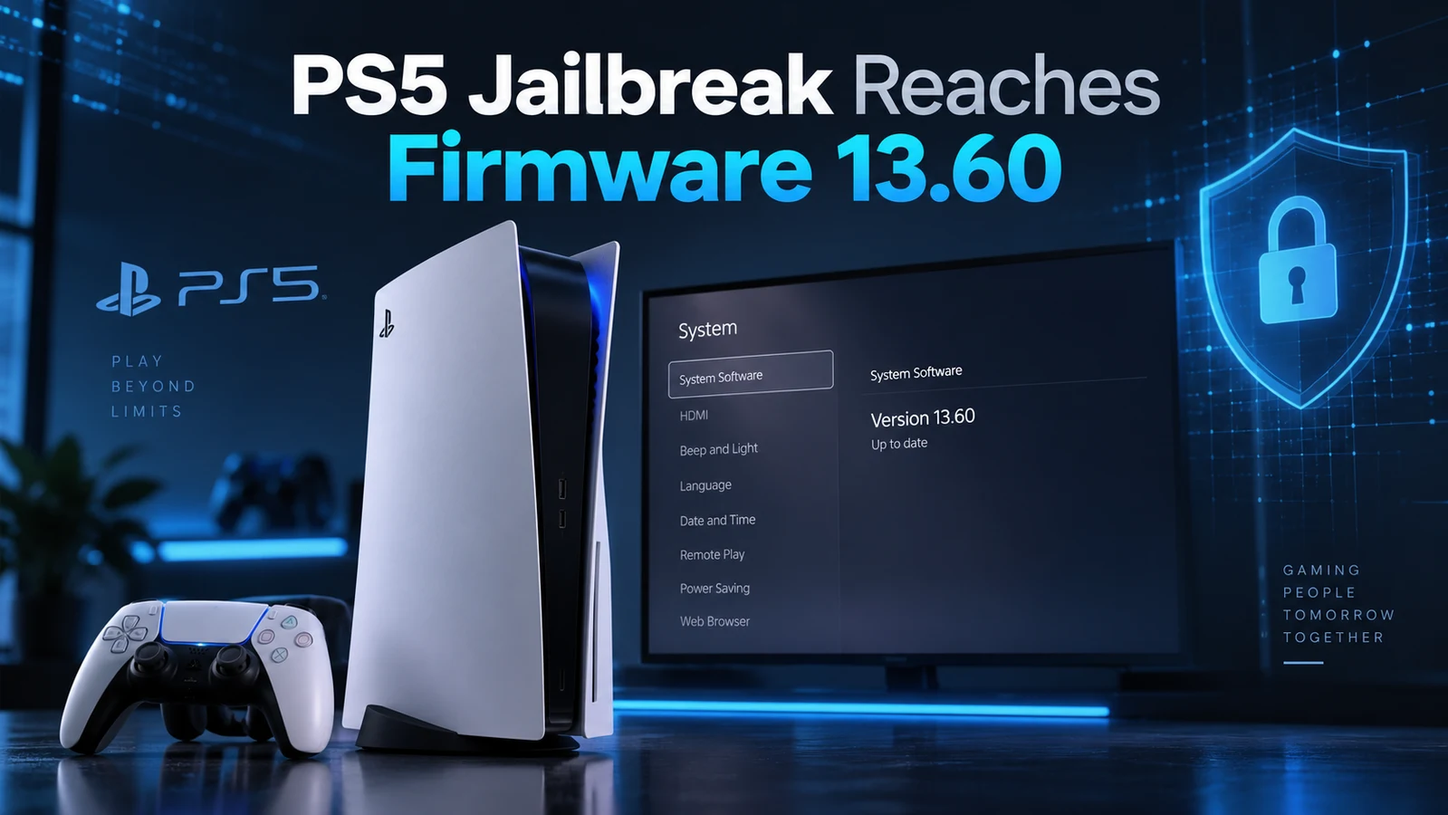 PS5 console with firmware 13.60 and a cybersecurity-themed background.