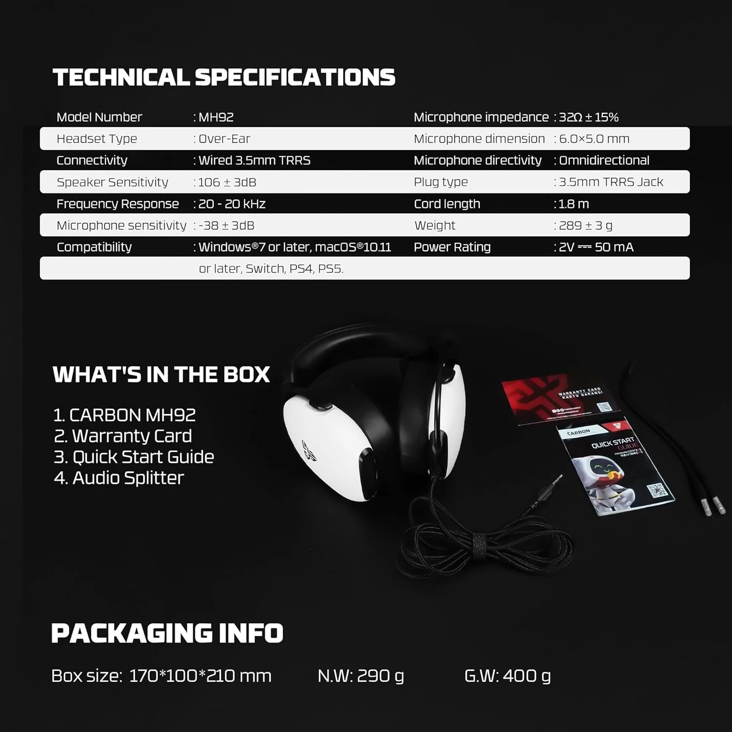 سماعة الألعاب Fantech Carbon MH92 باللون الأبيض