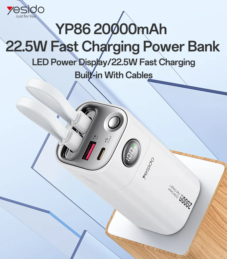 Yesido YP86 20000mAh Power Bank 22.5W Fast Charging with Built-in Cables