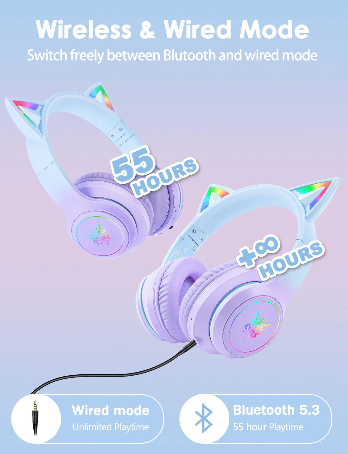 ONIKUMA B90 Cat Ear RGB Wireless Gaming Headset - Purple