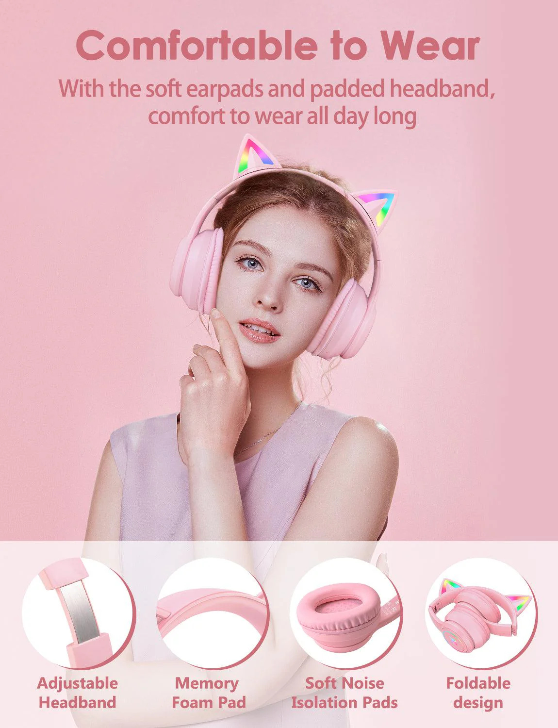 ONIKUMA B90 Cat Ear RGB Wireless Headset Pink closing visual