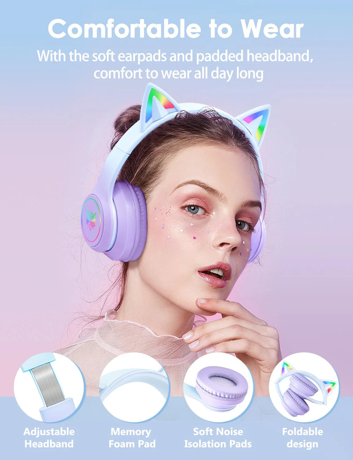 ONIKUMA B90 Cat Ear RGB Wireless Headset Purple closing visual