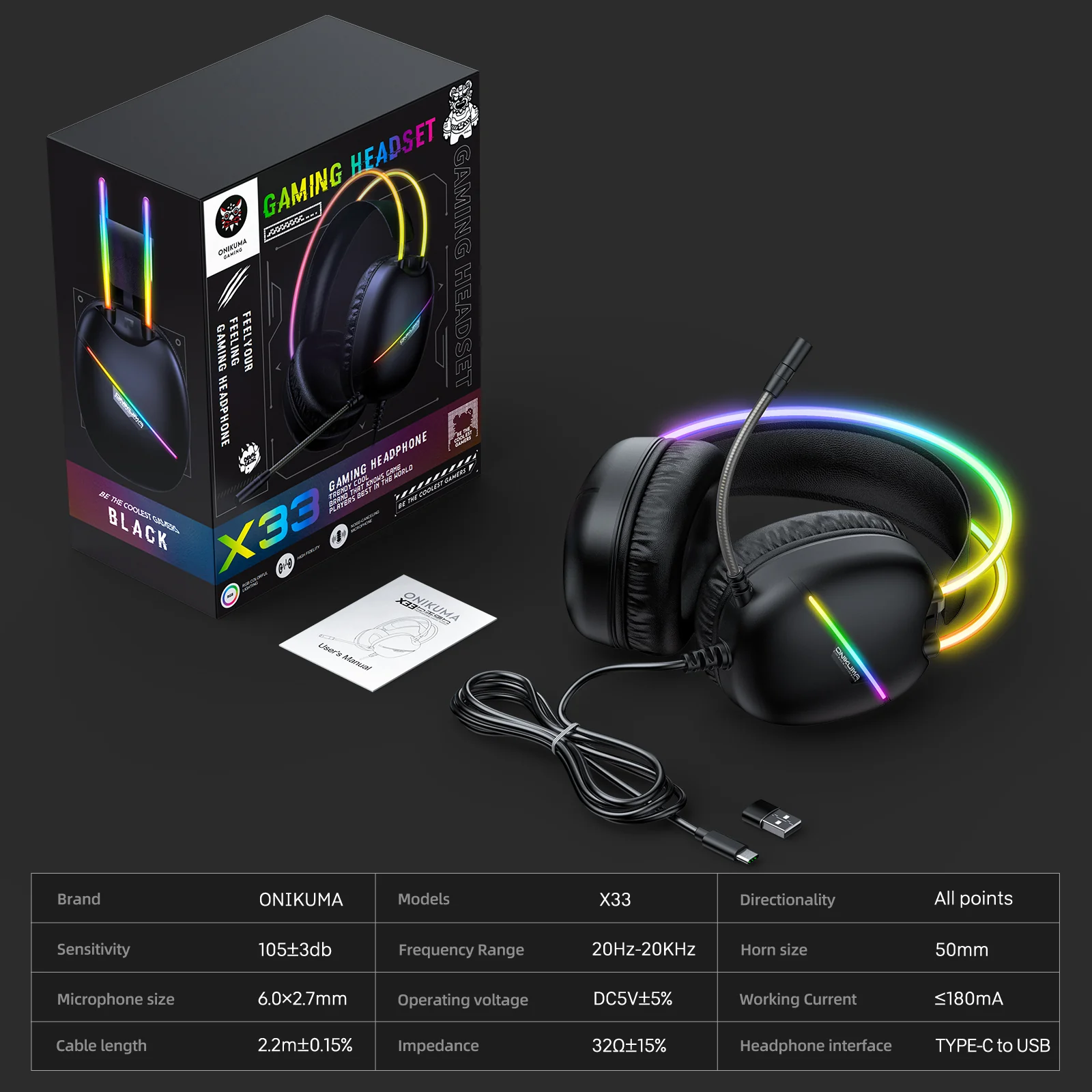 ONIKUMA X33 Black RGB Wired Gaming Headset