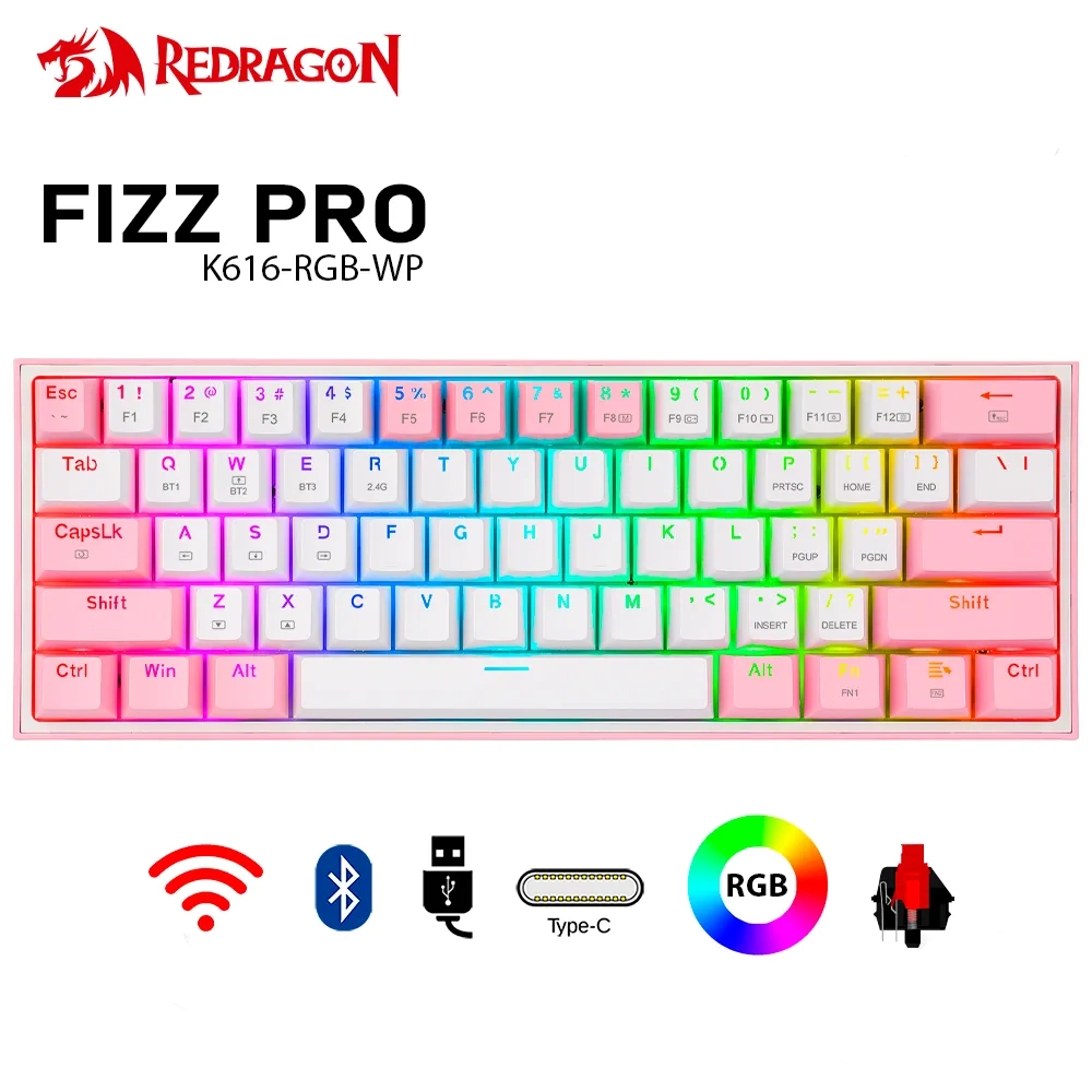 كيبورد ريدراجون K616 Fizz Pro ميكانيكي لاسلكي RGB للألعاب - أبيض/وردي