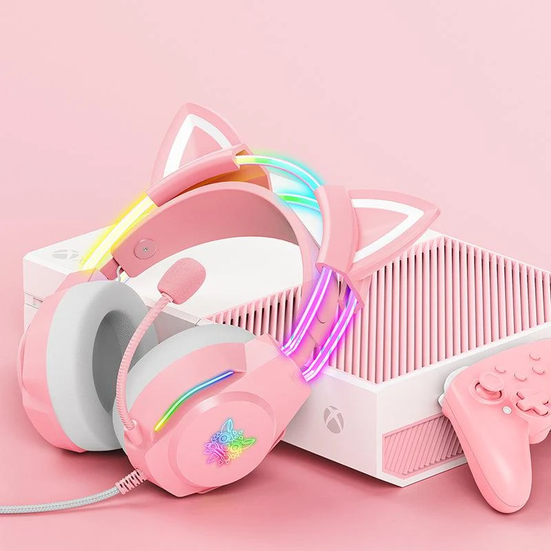 ONIKUMA X26 Cat Ear RGB Wired Gaming Headset Pink closing visual