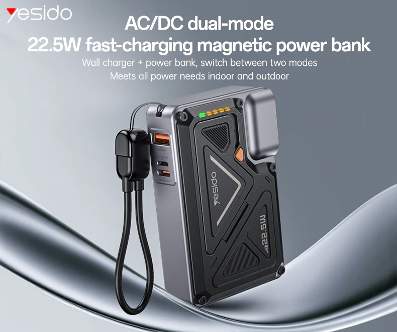 Yesido YP89 10000mAh Wireless Power Bank 22.5W Fast Charging with Built-in Cables and AC Plug