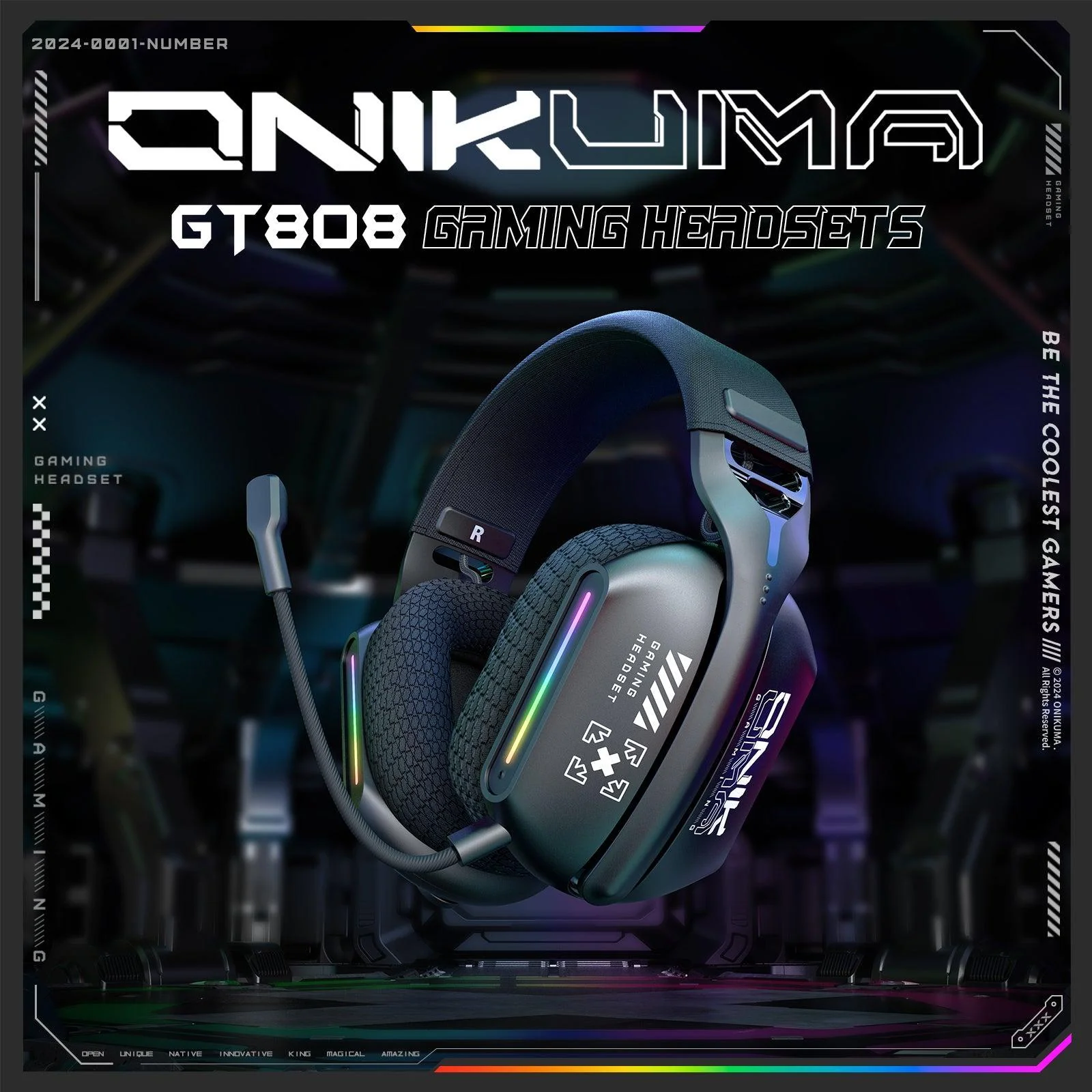 سماعة أونيكوما GT808 RGB للألعاب ثلاثية الأوضاع باللون الأسود