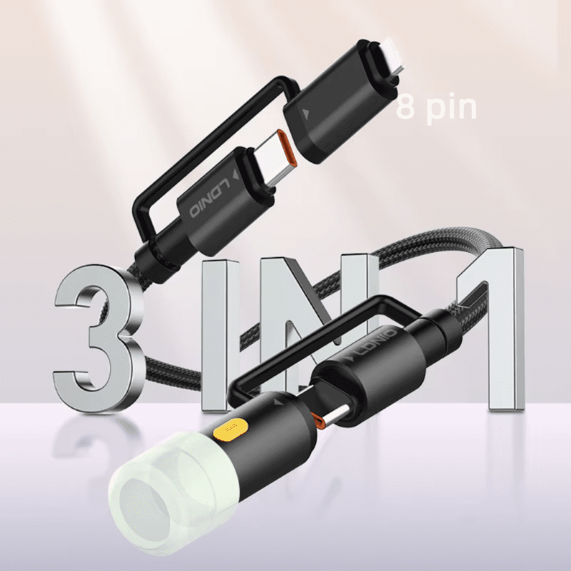 LDNIO LC19 3-in-1 65W Fast Charging Cable with LED Light 1.2M