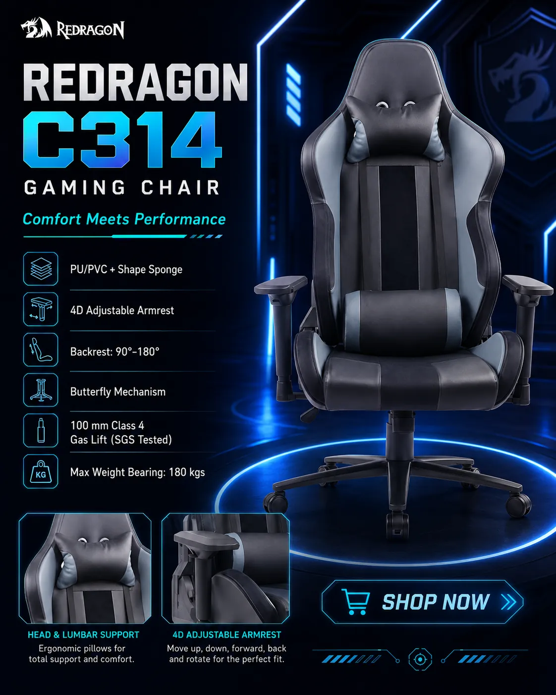 Redragon C314 Gaming Chair - Black Gray