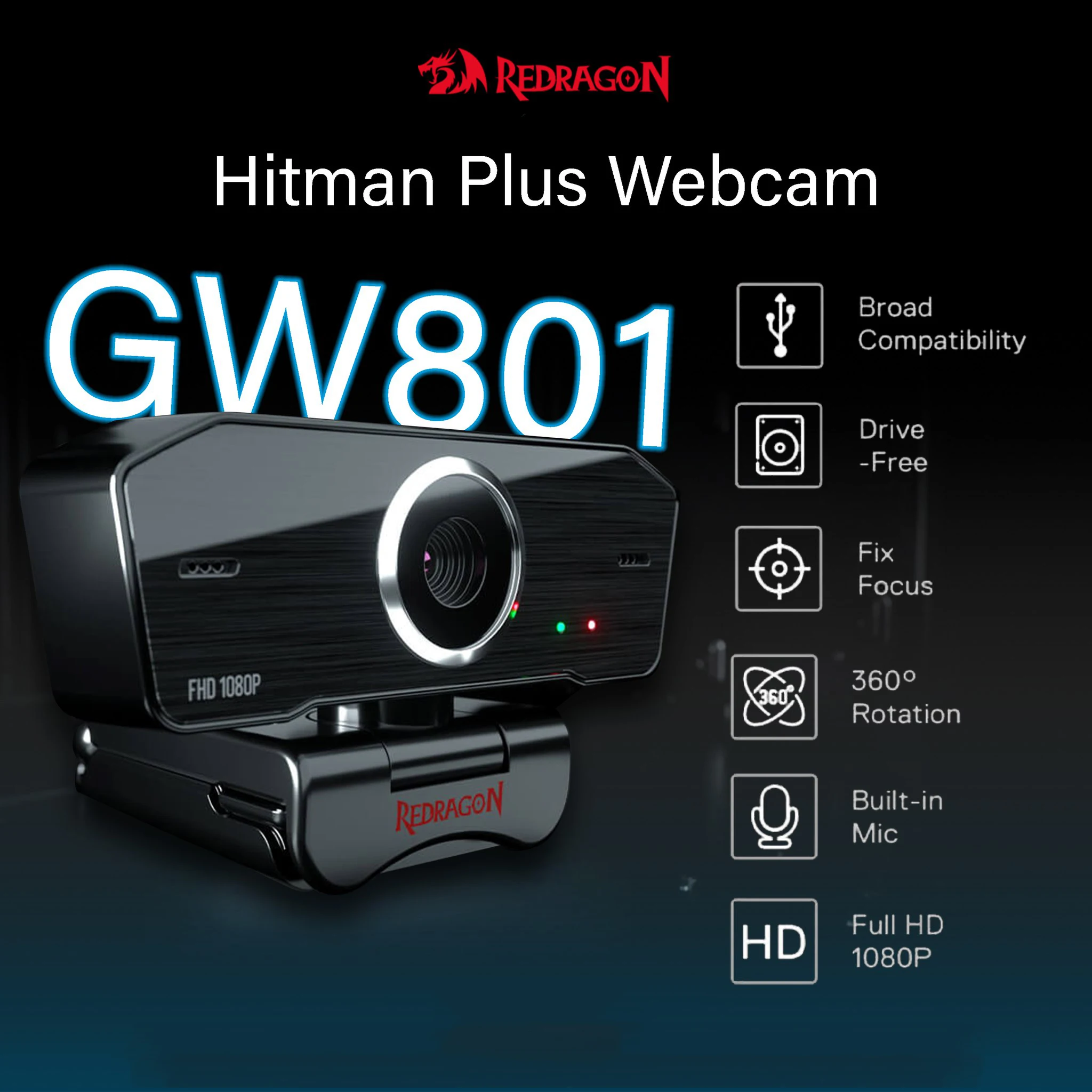 Redragon GW801 Hitman Plus Streaming Gaming Webcam Black