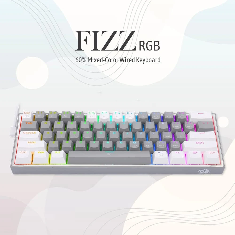 Redragon K617 Fizz 60% Wired RGB Gaming Keyboard with Red Switch - Grey in White