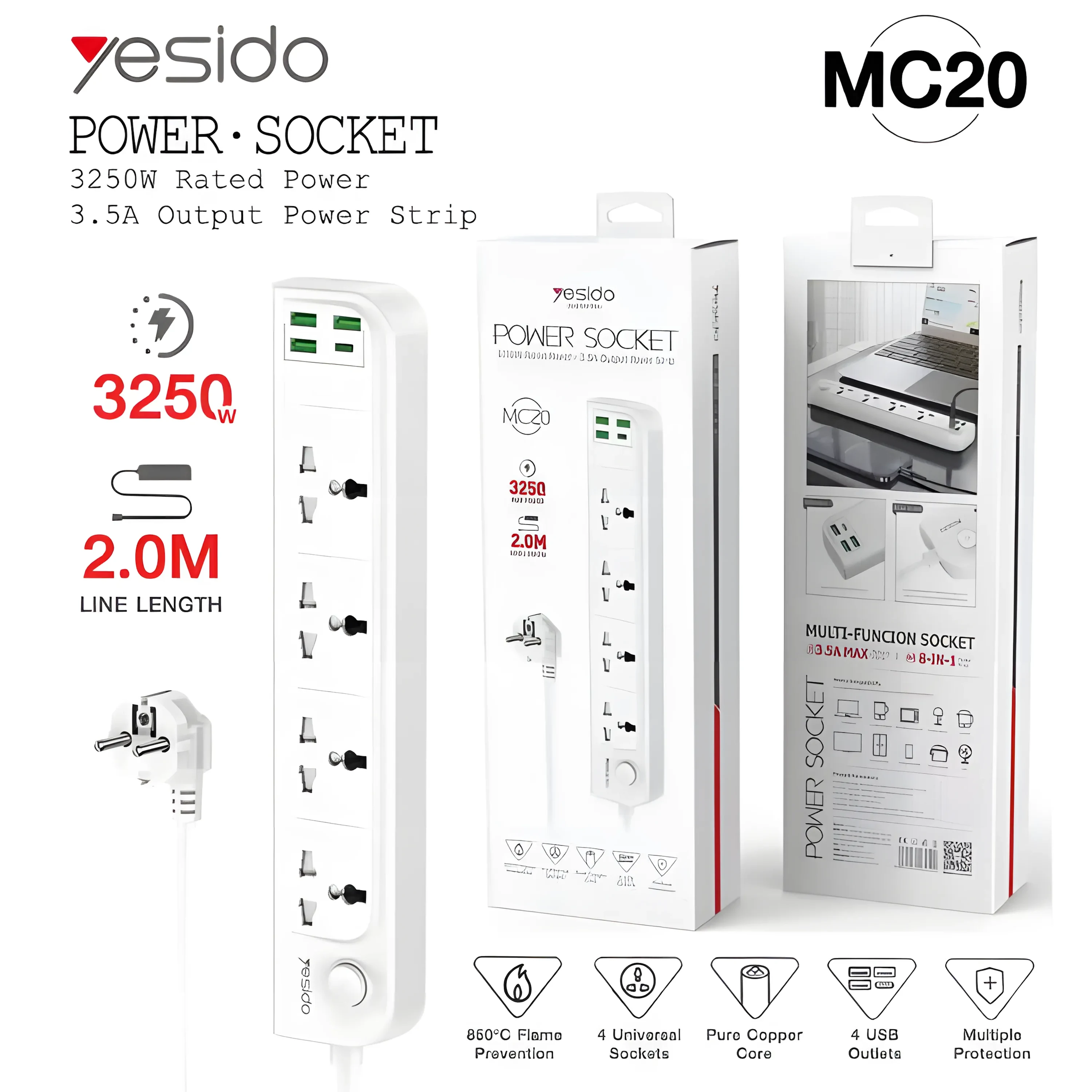 Yesido MC20 High Power Fast Charging Socket EU Plug White