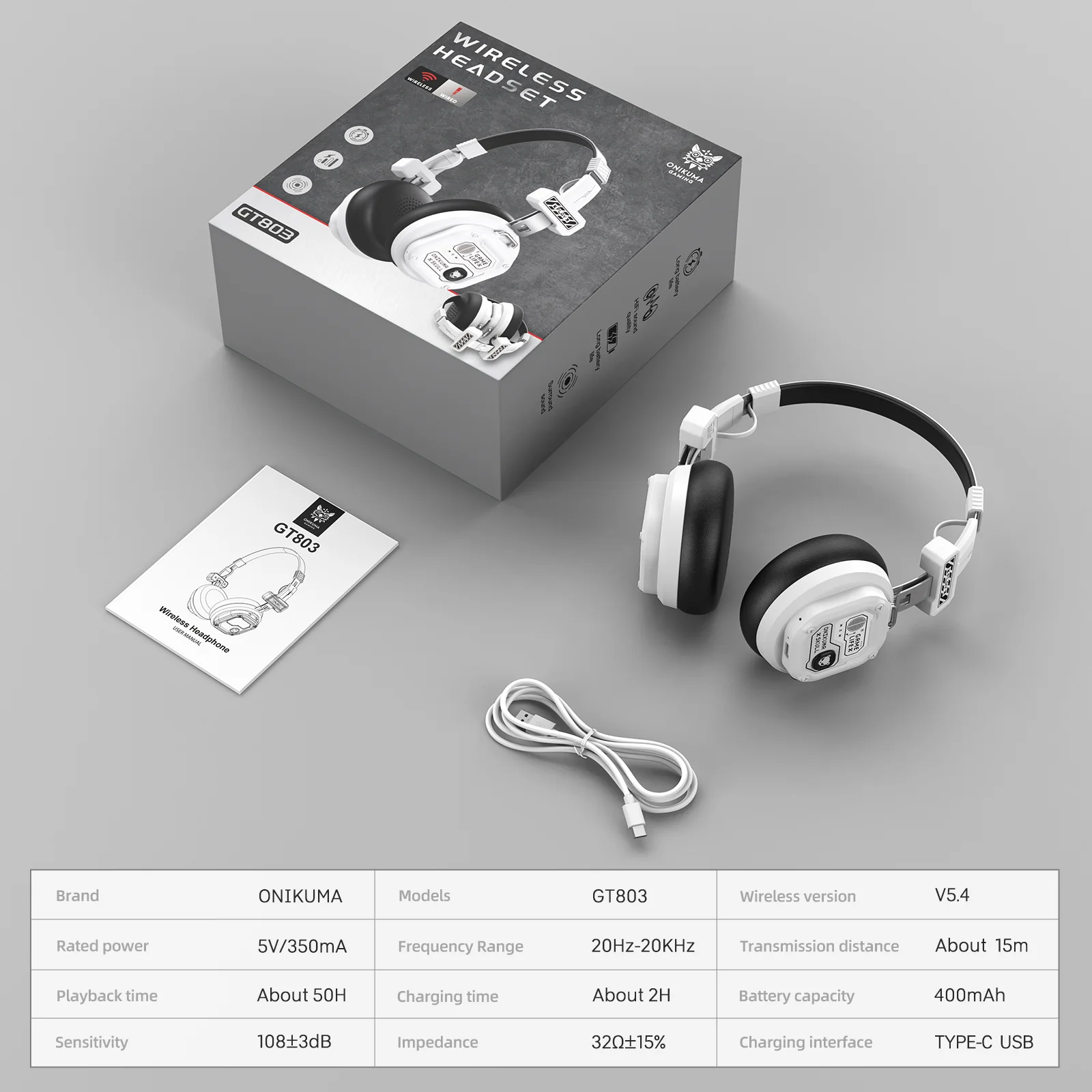 ONIKUMA GT803 Dual-Wireless Headset White closing visual