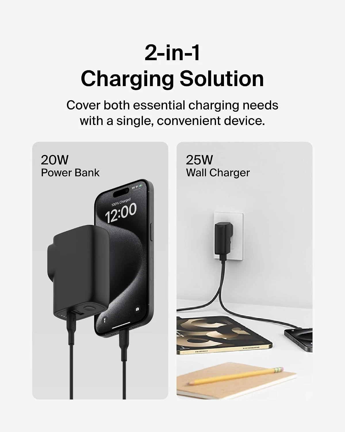 بلكين بوست تشارج شاحن هجين 25W وباور بانك 5000mAh مع طقم محولات سفر - أسود