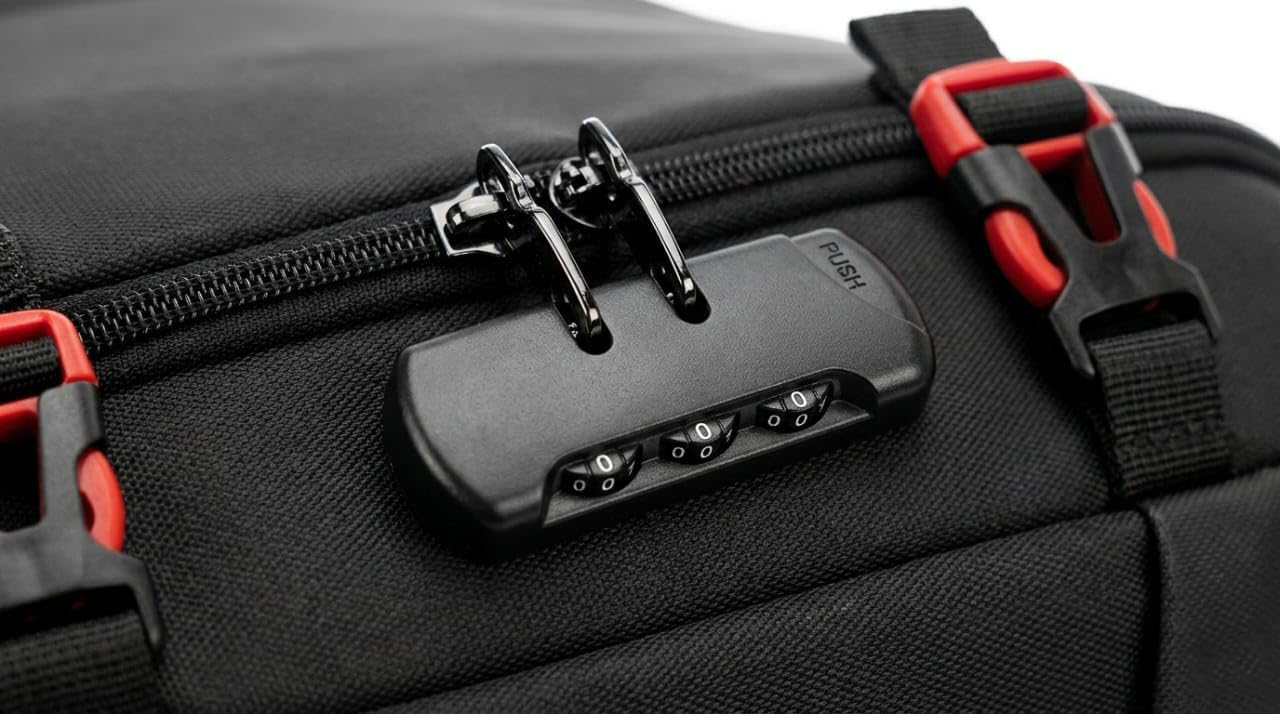 Built-in combination lock and zipper pulls on the PS5 Slim travel backpack