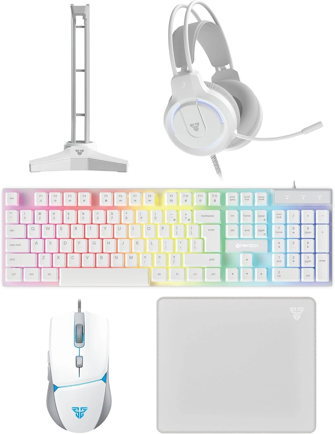 Fantech P51 White Gaming Keyboard Mouse Headset Mousepad and Headset Stand