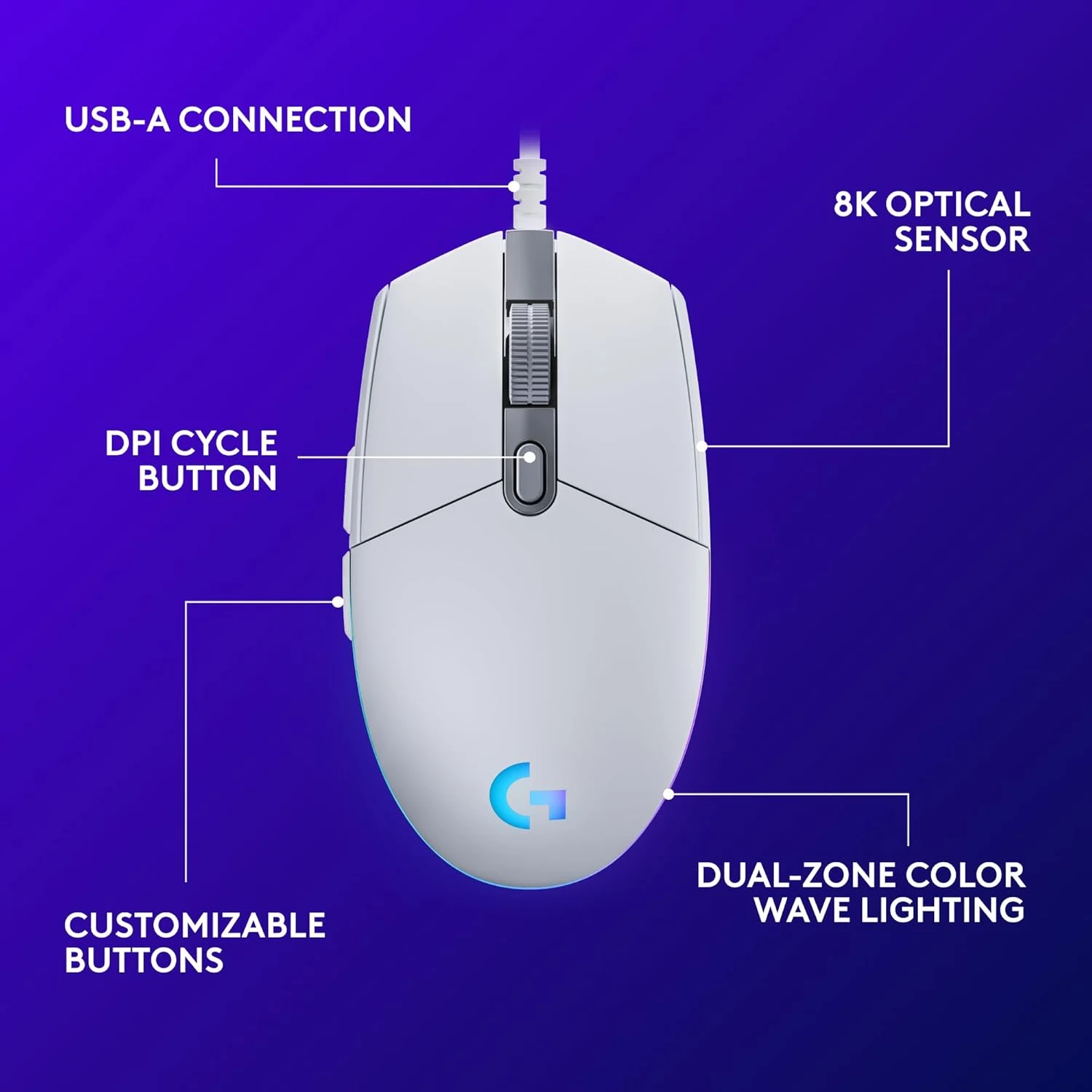 Logitech G203 Wired Gaming Mouse - white