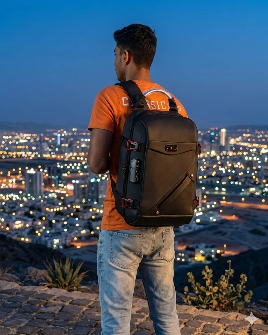 PS5 Slim protective travel backpack shown during outdoor transportation