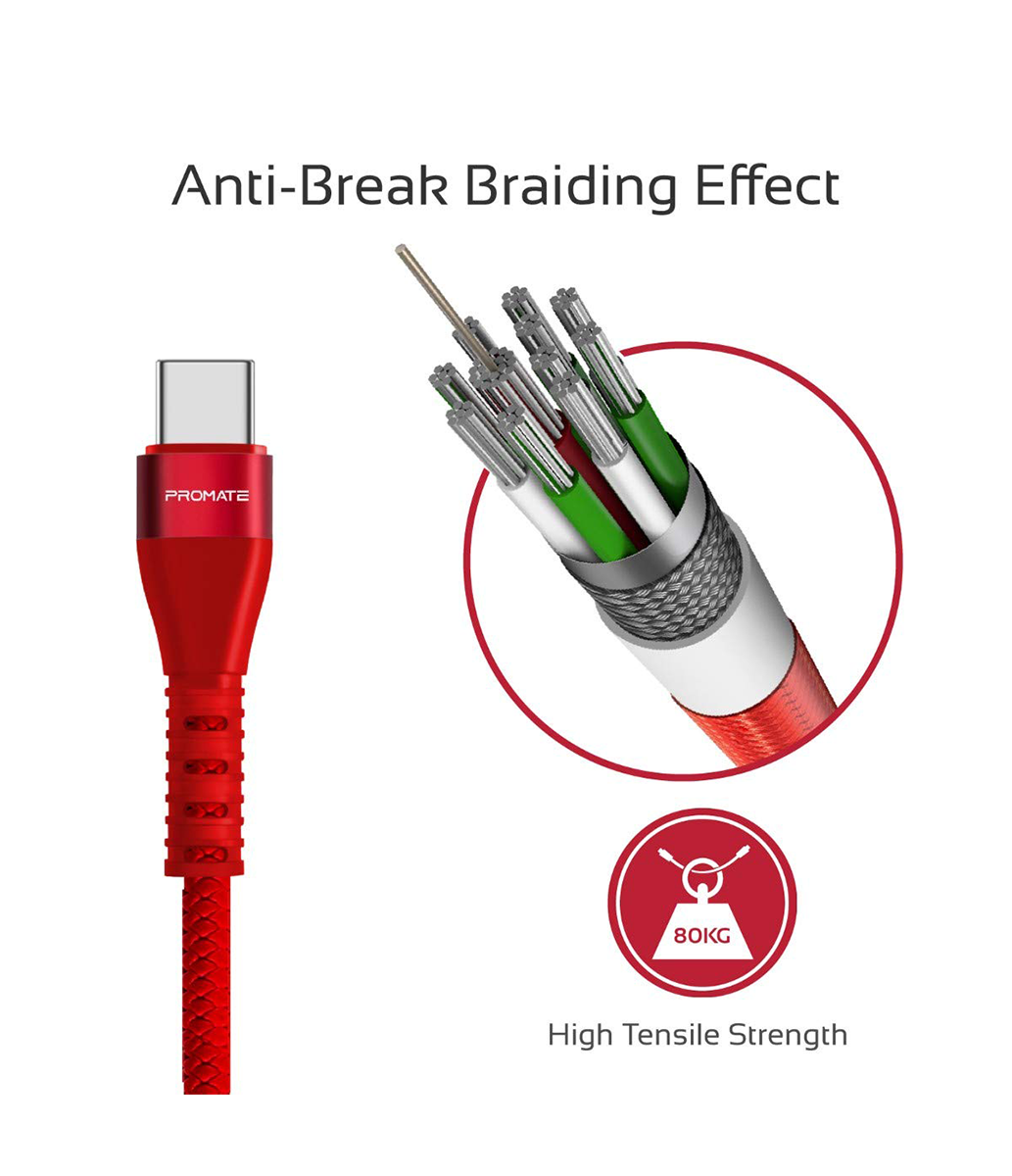 Promate Reversible Cable Zinc Alloy Anti-Break TPE with Braiding Effect - Red
