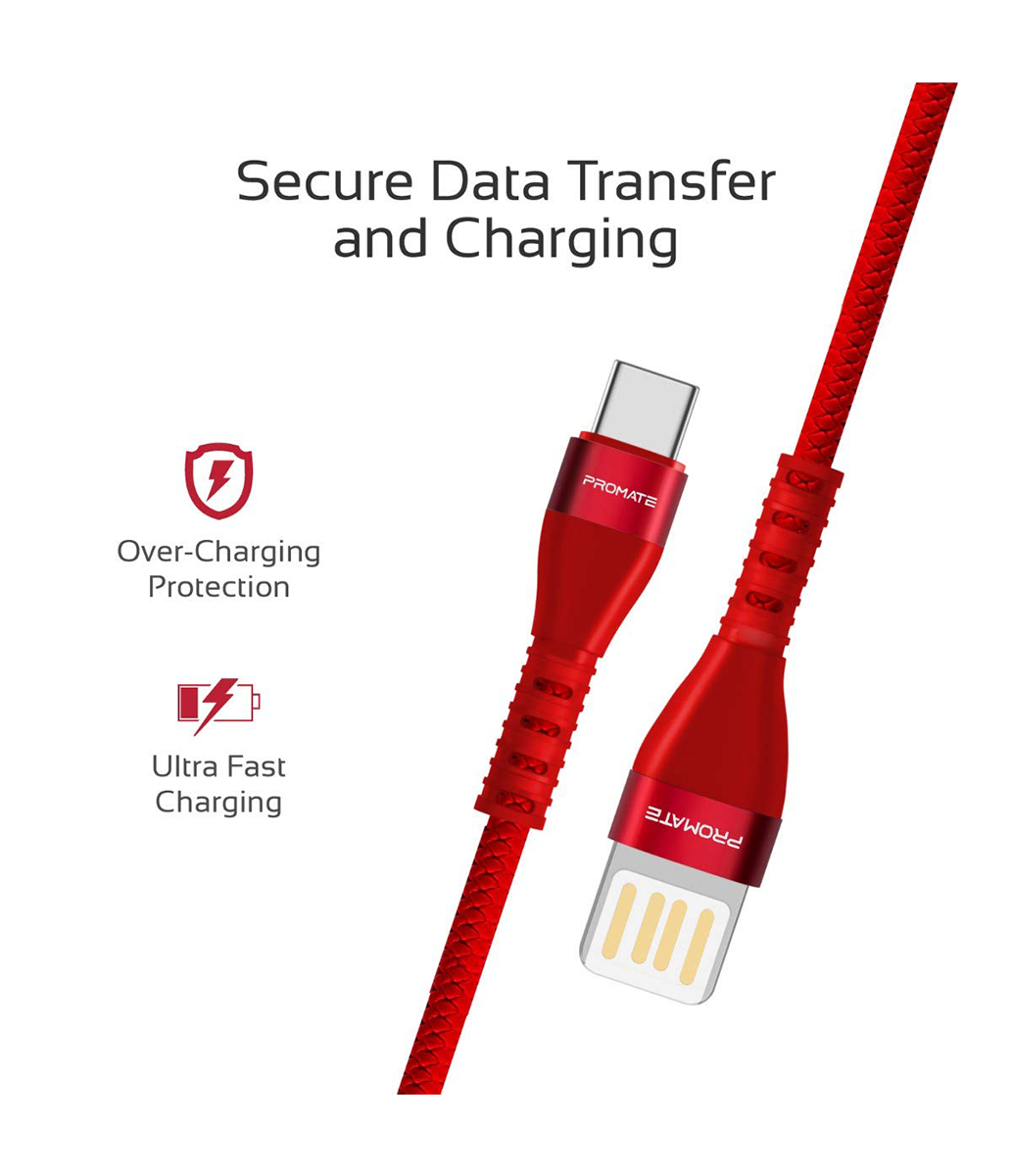 Promate Reversible Cable Zinc Alloy Anti-Break TPE with Braiding Effect - Red