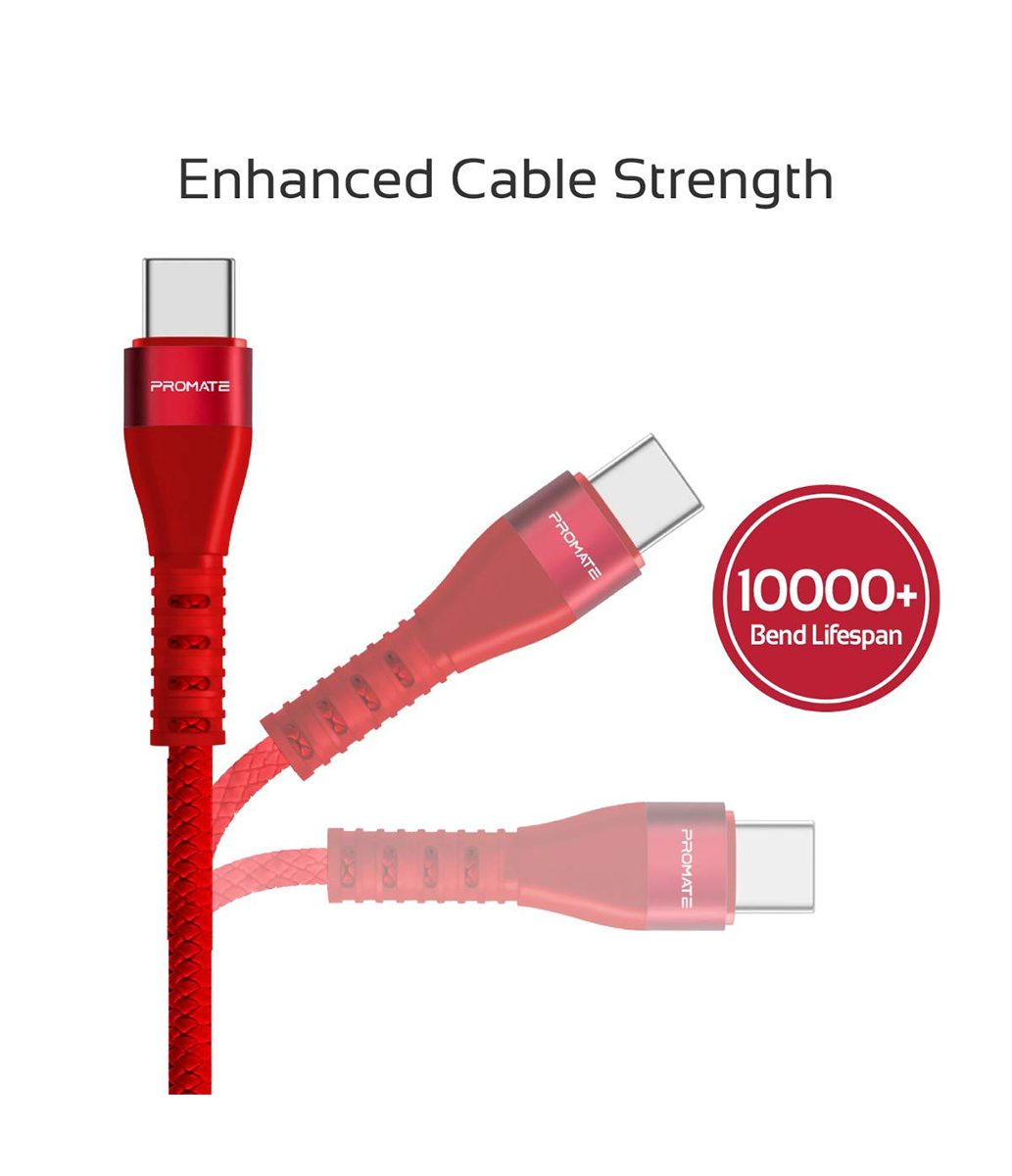 Promate Reversible Cable Zinc Alloy Anti-Break TPE with Braiding Effect - Red