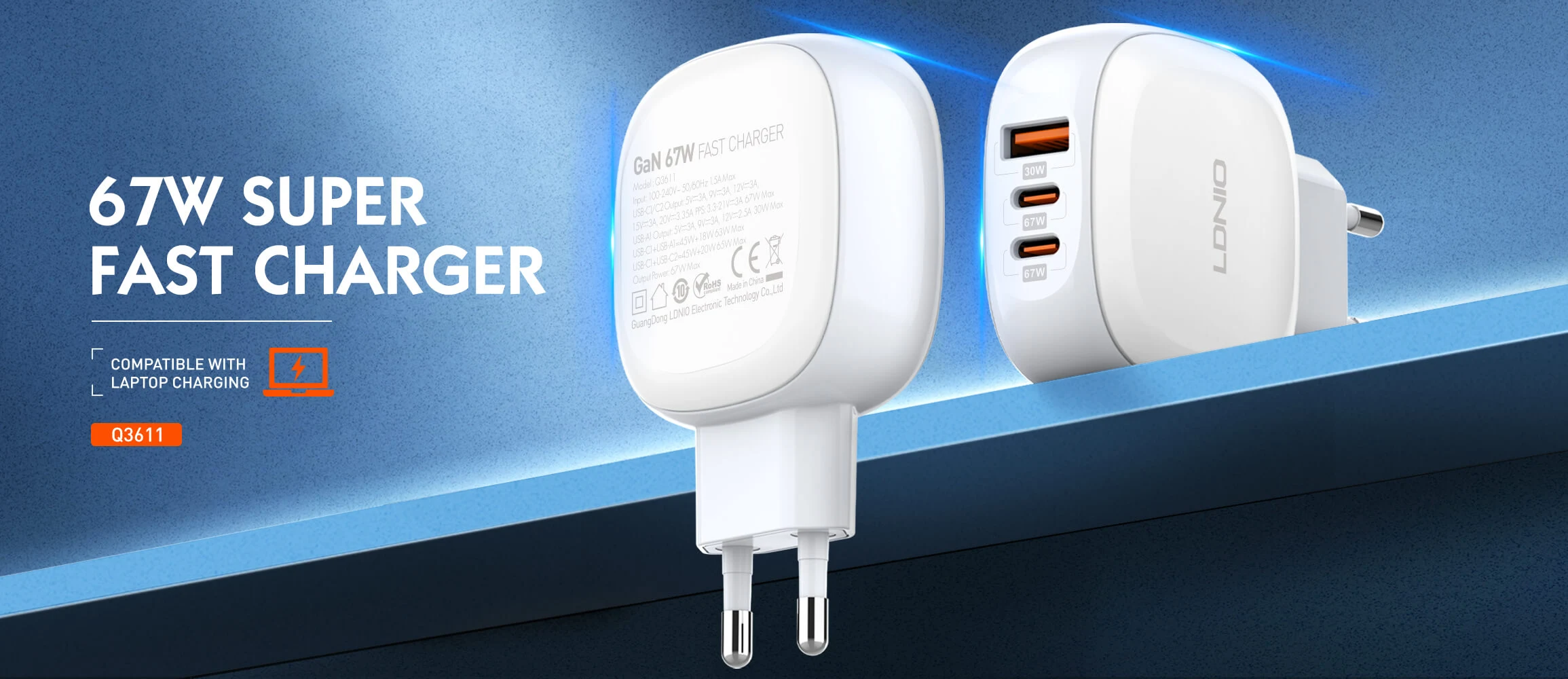 شاحن LDNIO Q3611 السريع بمنفذين PD و QC بقوة 67 واط