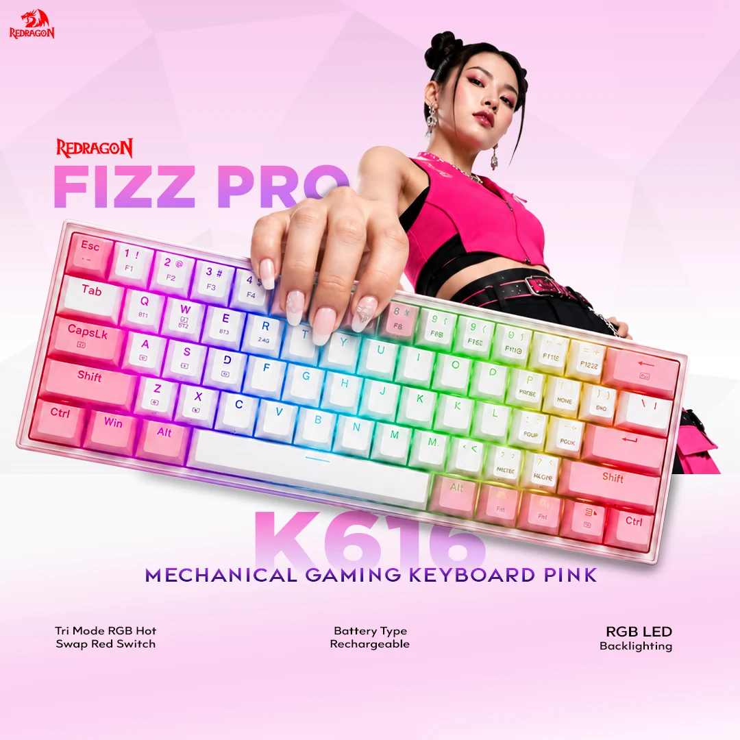 Redragon K616 Fizz Pro Wireless Mechanical RGB Gaming Keyboard White Pink