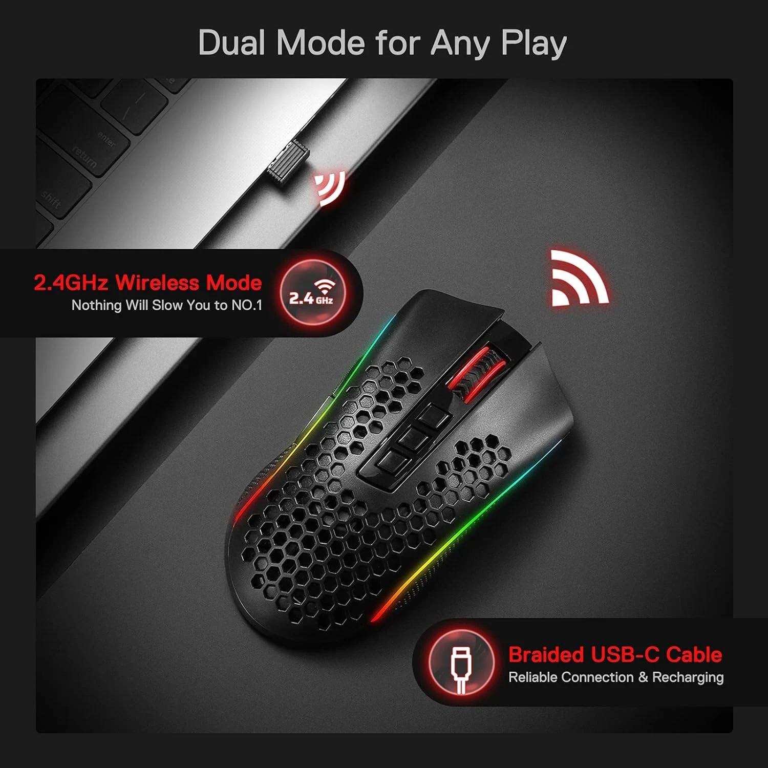 Redragon M808-KS STORM PRO RGB Dual mode Gaming Mouse - Black