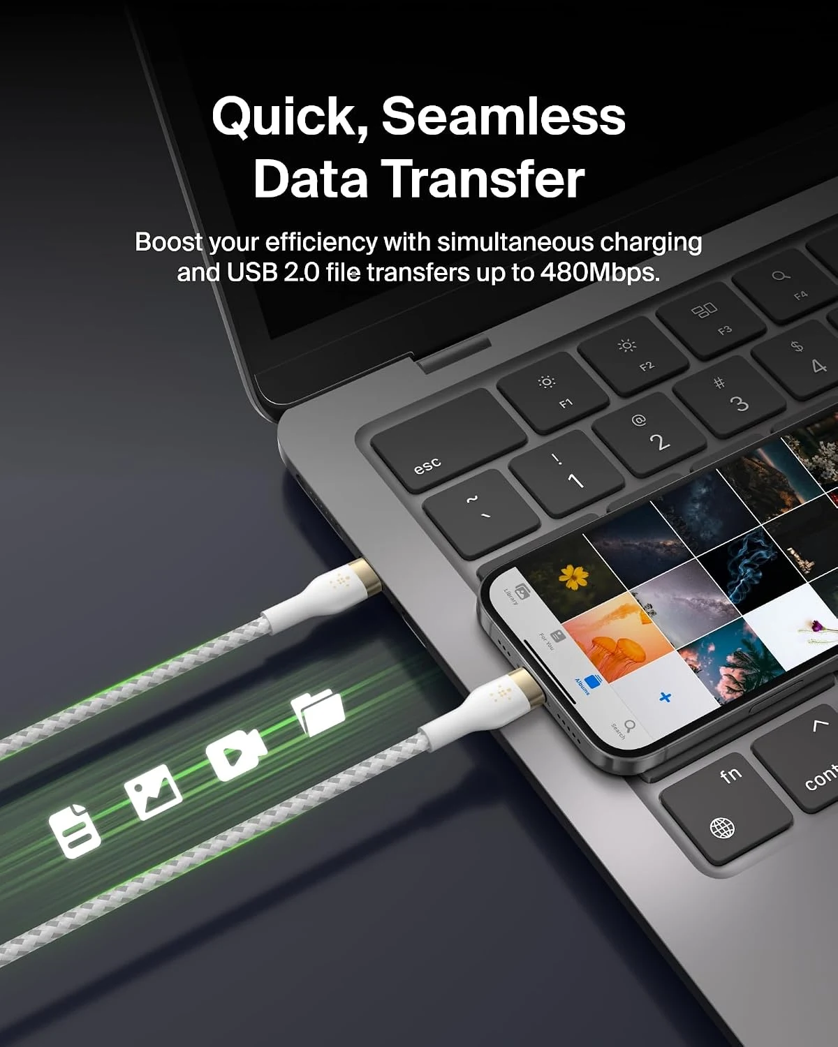 بلكين بوست تشارج برو فليكس كابل USB-C إلى USB-C مضفر بقوة 60W وطول 1 متر - أبيض