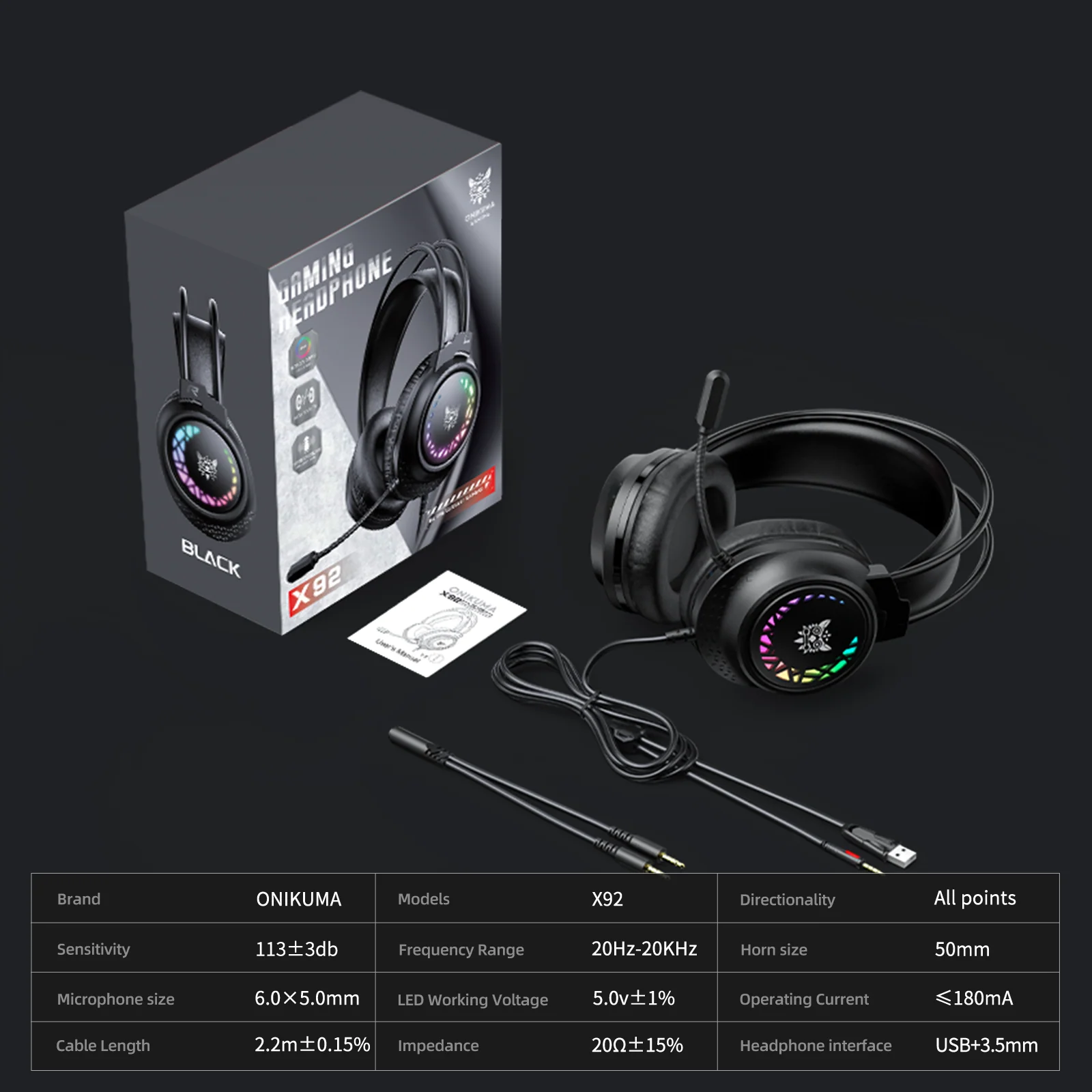 ONIKUMA X92 RGB Wired Gaming Headset Black closing visual
