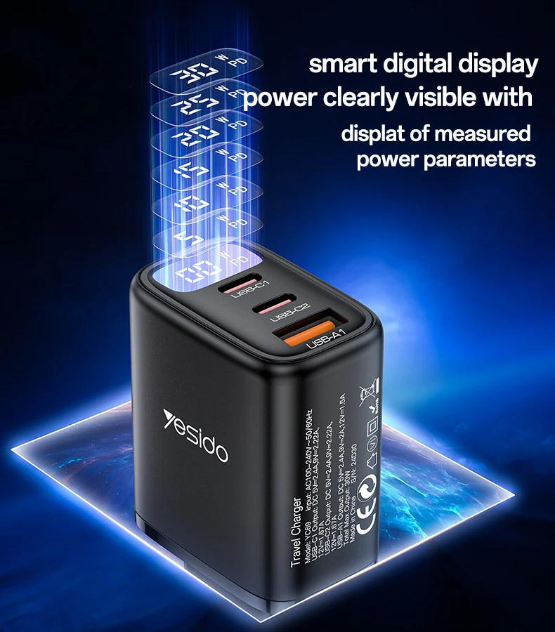 Yesido YC69 PD 30W Fast Charging 2 TC & USB Smart Display EU Plug