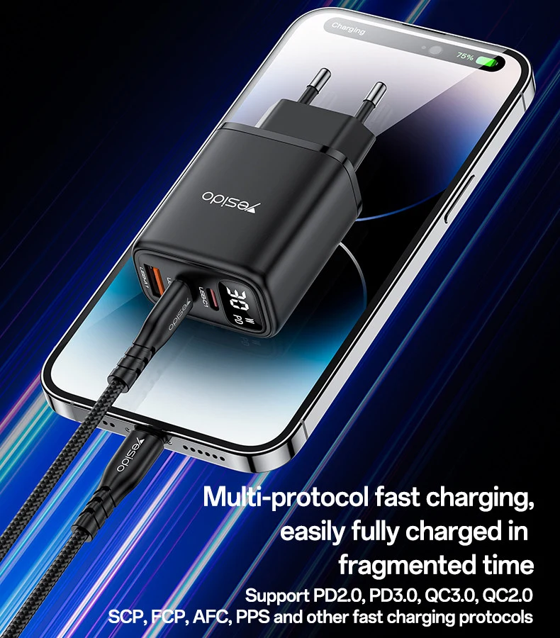 Yesido YC69 PD 30W Fast Charging 2 TC & USB Smart Display EU Plug