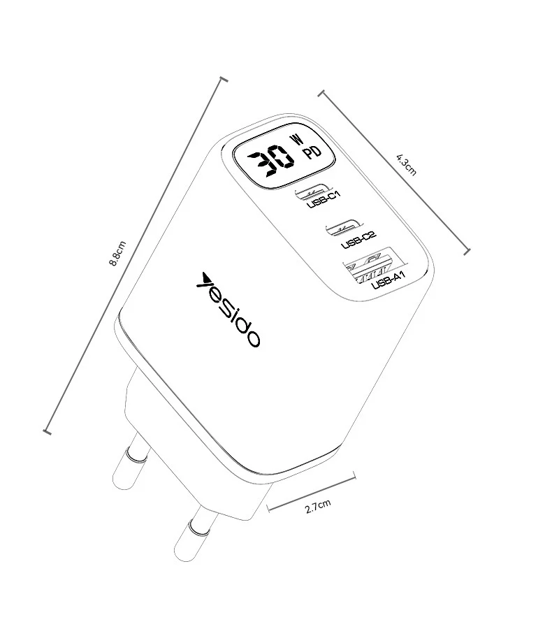 Yesido YC69 PD 30W Fast Charging 2 TC & USB Smart Display EU Plug