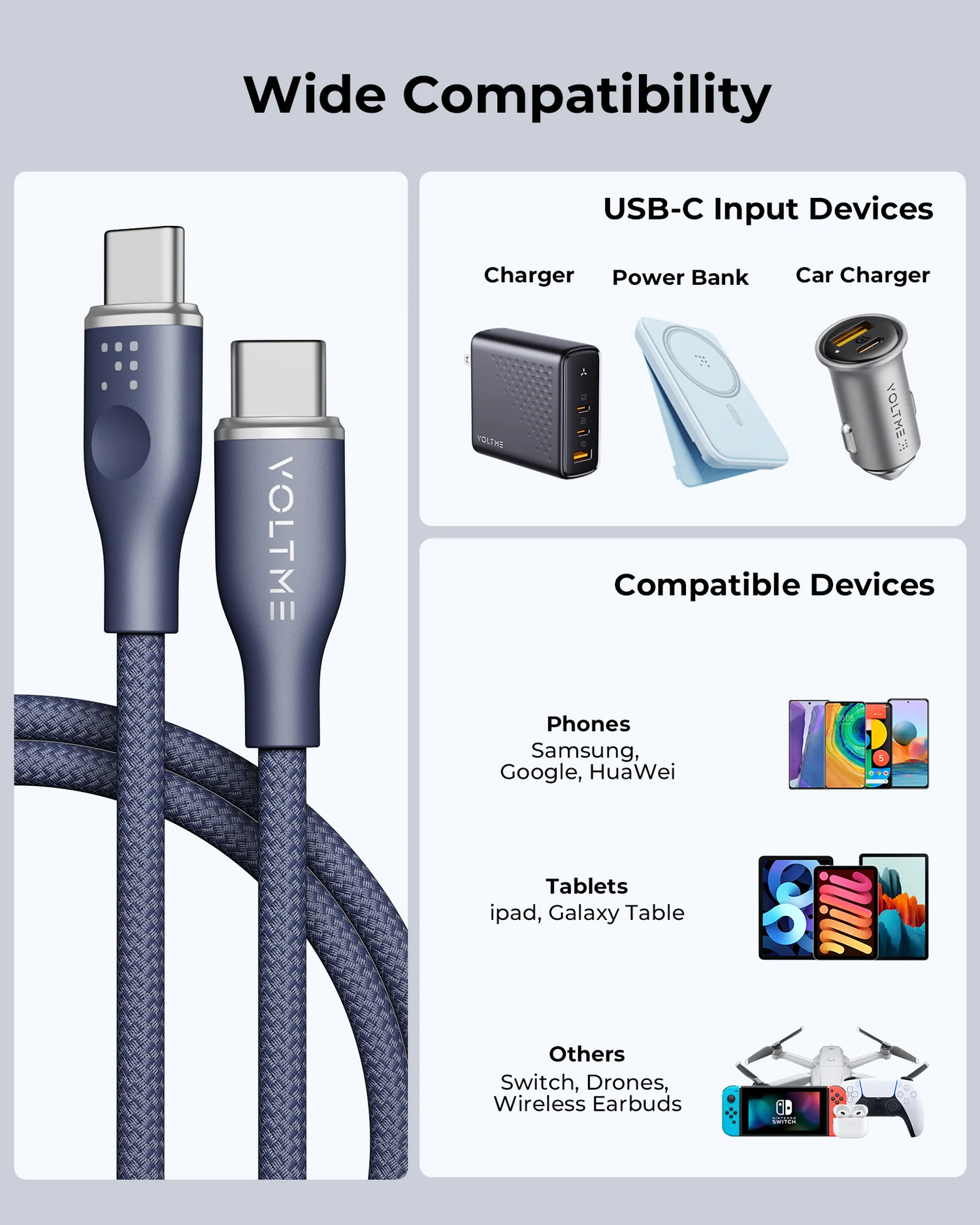 فولتمي باور لينك راج كابل USB-C بقوة 60W بطول 1 متر أزرق