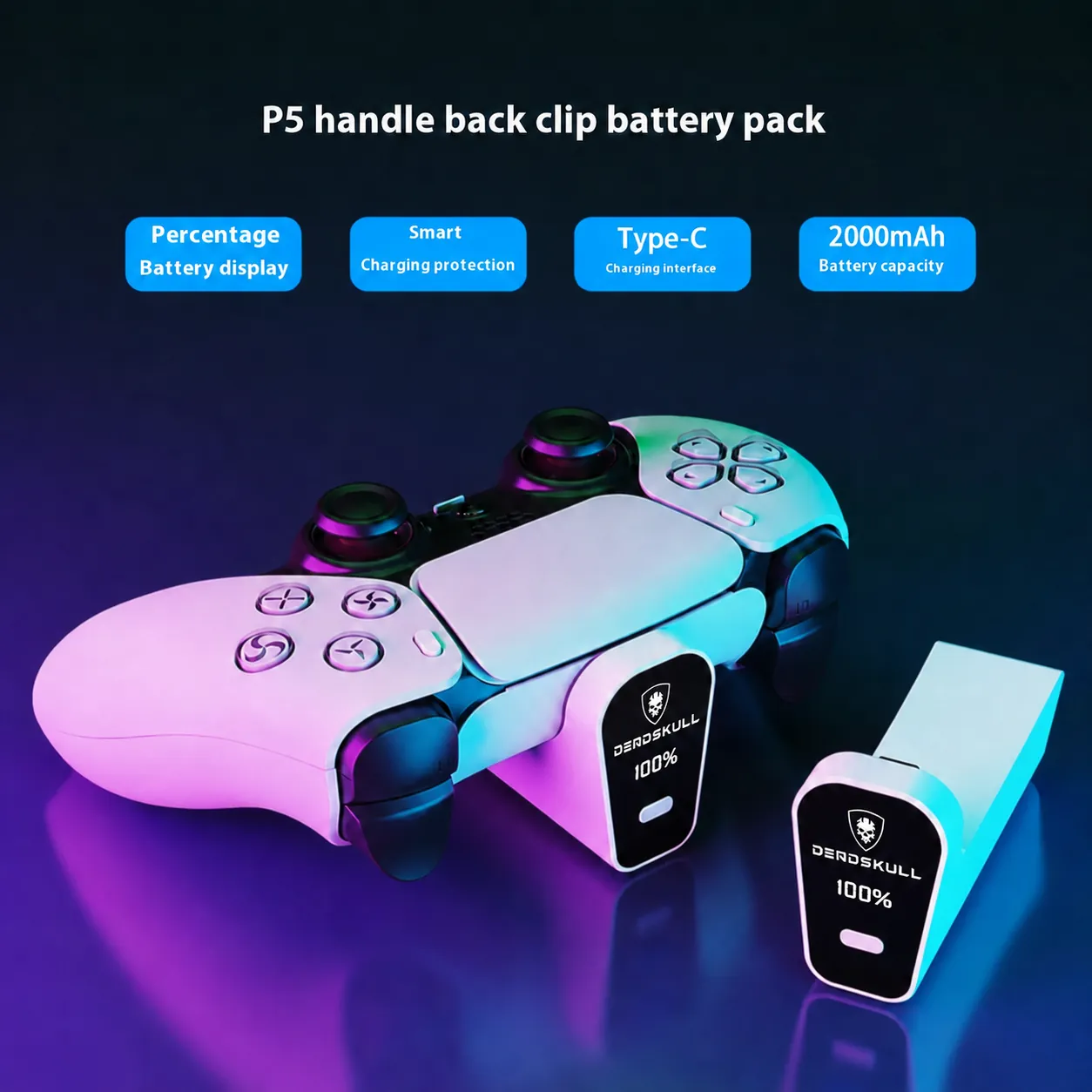 Rechargeable battery pack attached to a PS5 controller