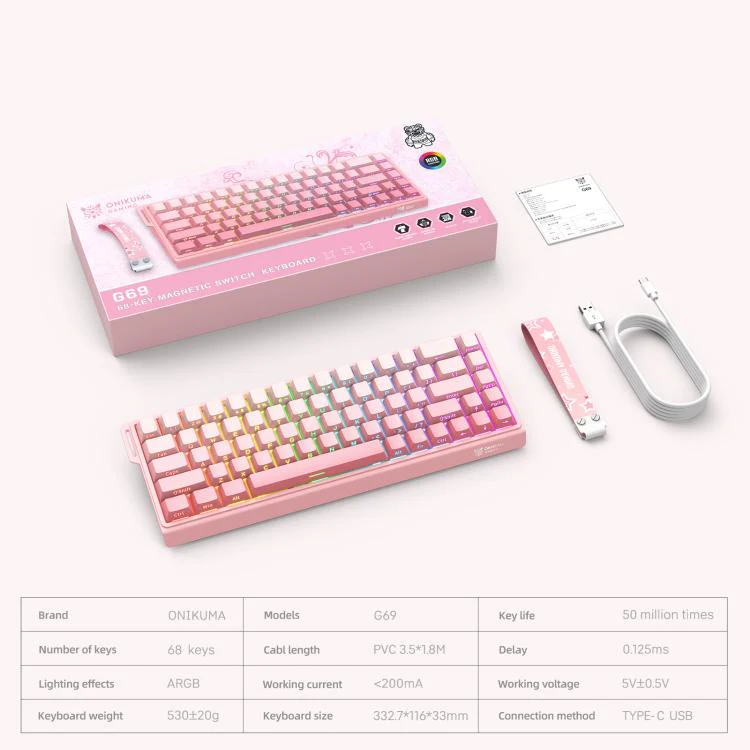 ONIKUMA G69 RGB Wired Hall-Effect Magnetic Gaming Keyboard - Pink