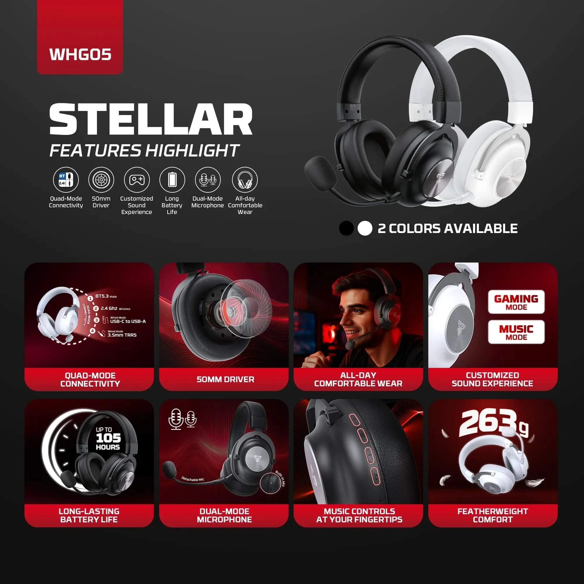 سماعة الألعاب اللاسلكية Fantech Stellar WHG05 باللون الأسود