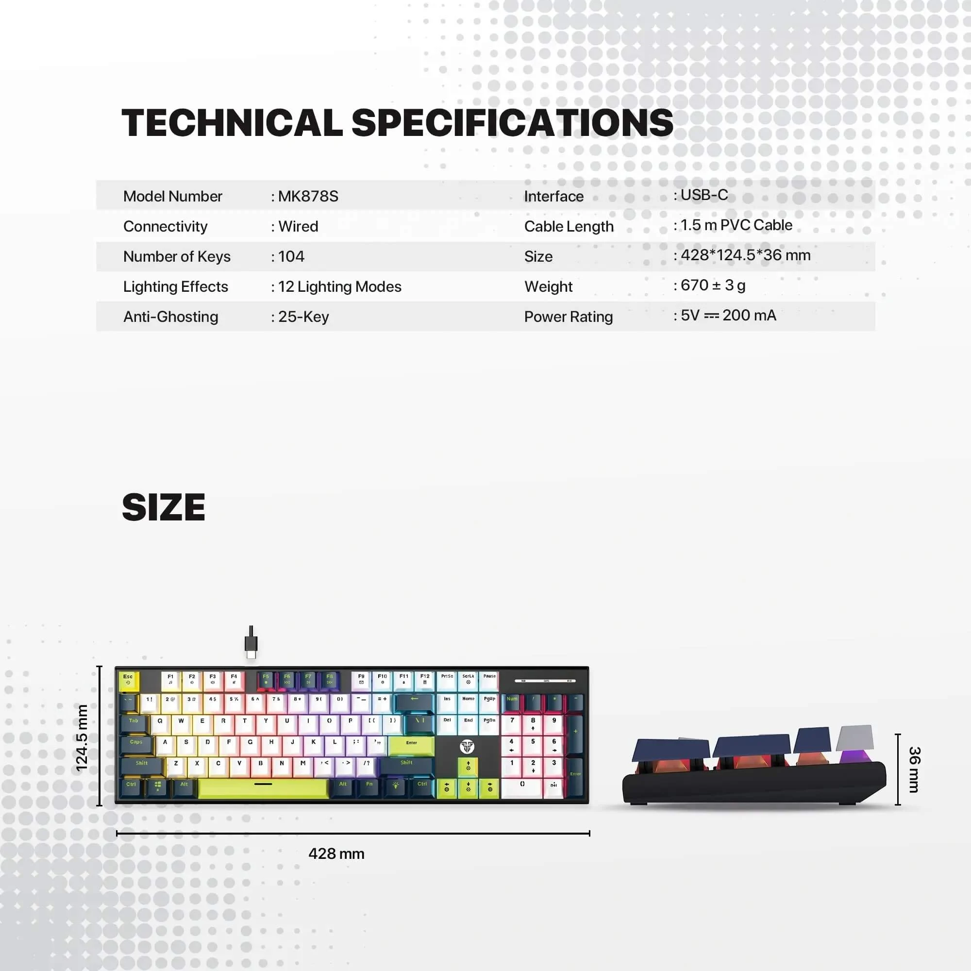 كيبورد ألعاب ميكانيكي فانتك ATOM104S MORI MK878S أبيض