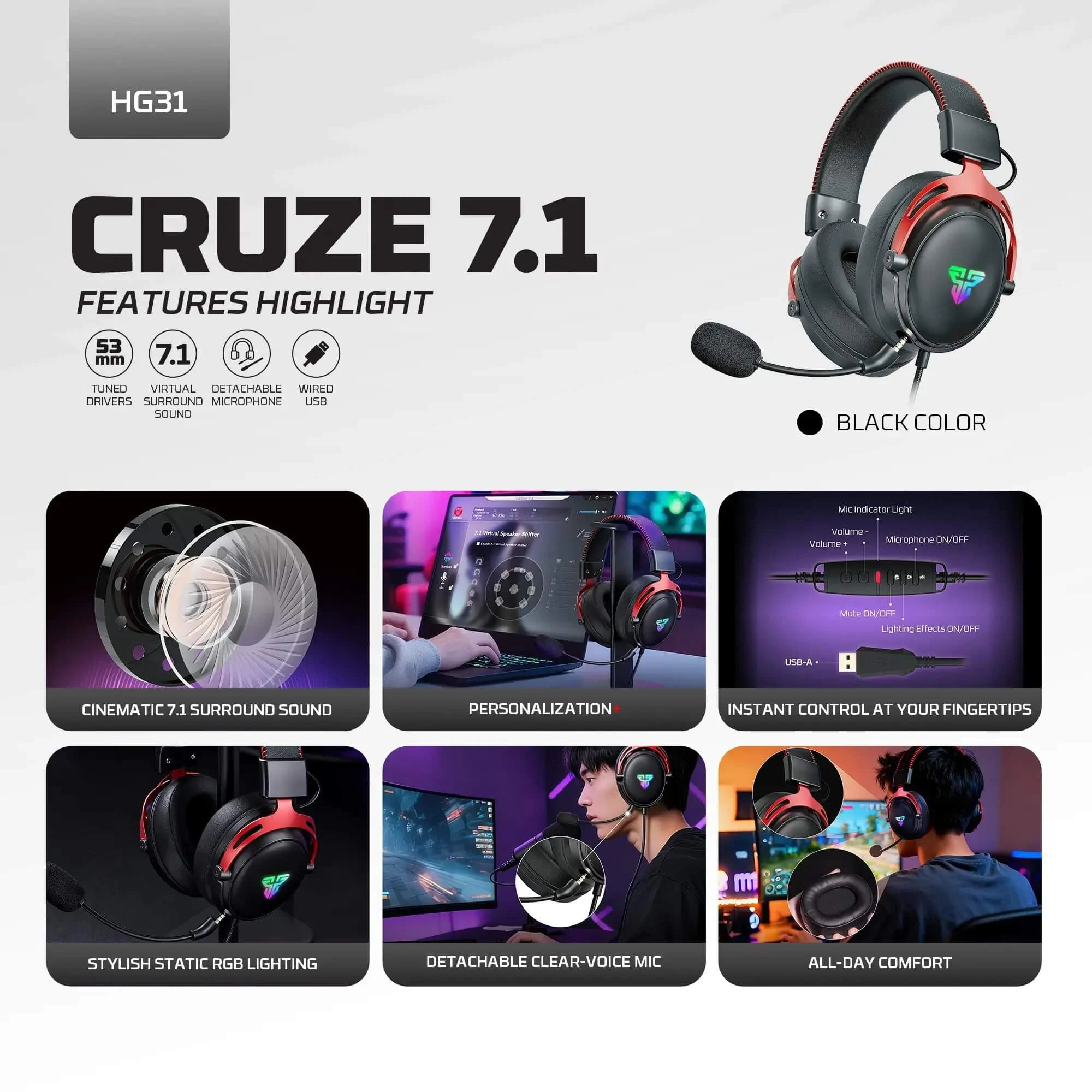 Fantech CRUZE HG31 7.1 Wired Gaming Headset USB - Black