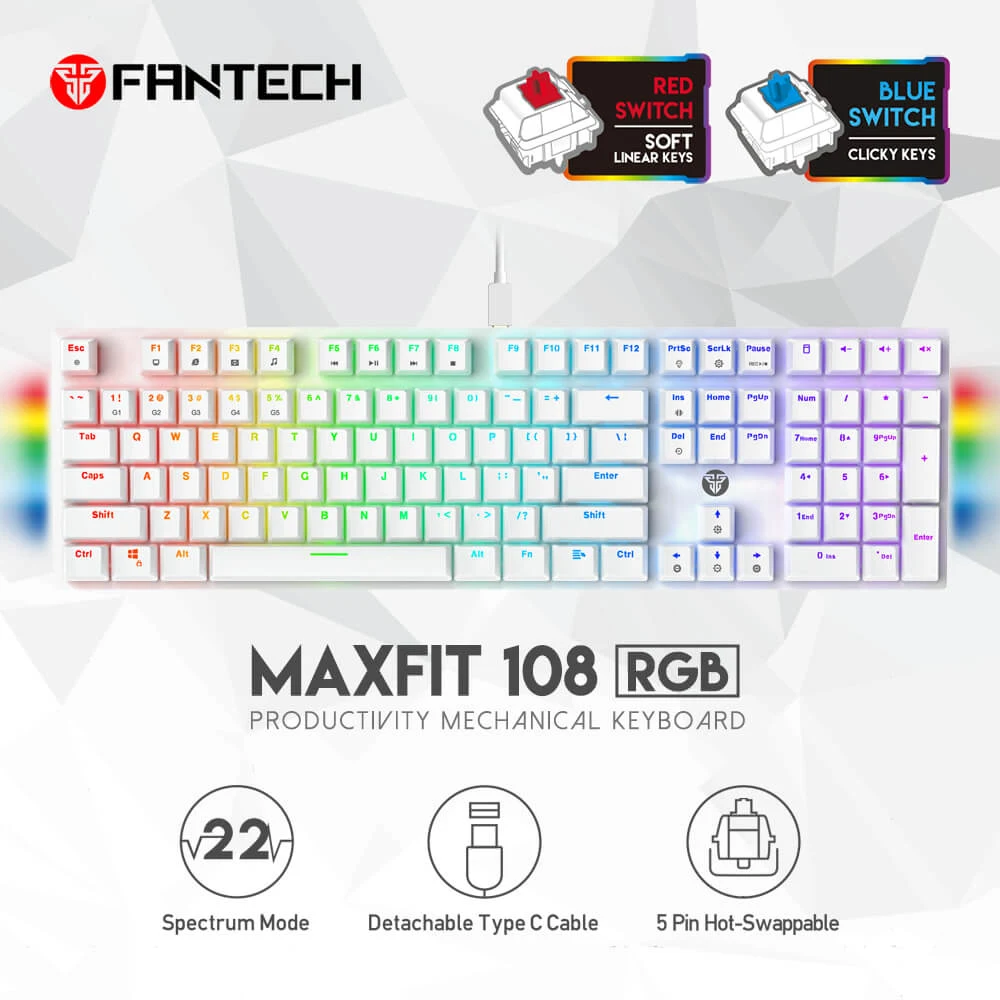كيبورد فانتك ماكس فيت 108 MK855 ميكانيكال سلكي أبيض بسويتشات زرقاء وإضاءة RGB