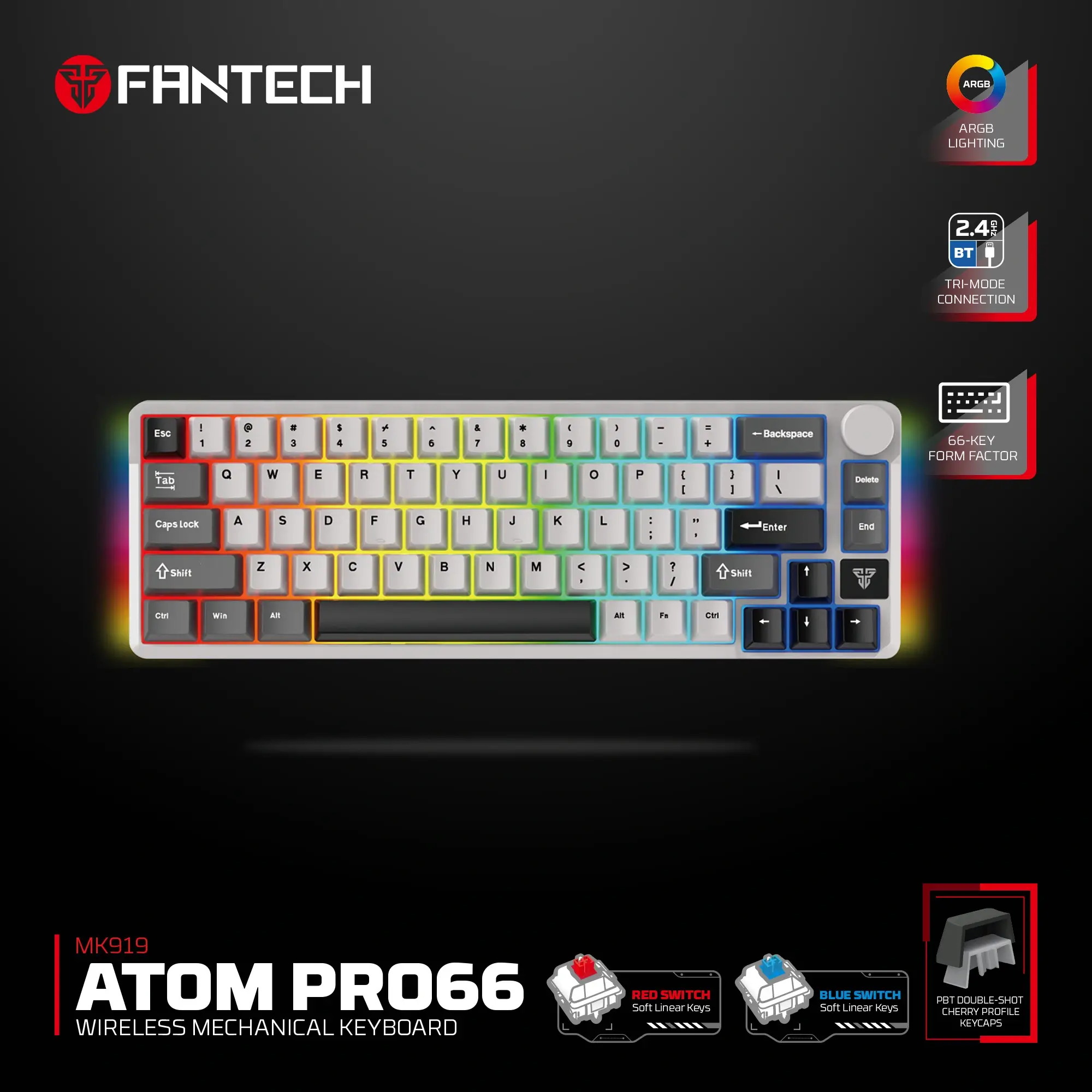 فانتك ATOM PRO MK919 – كيبورد 66 كِي تراي-مود آر جي بي – رمادي - ريد سويتش