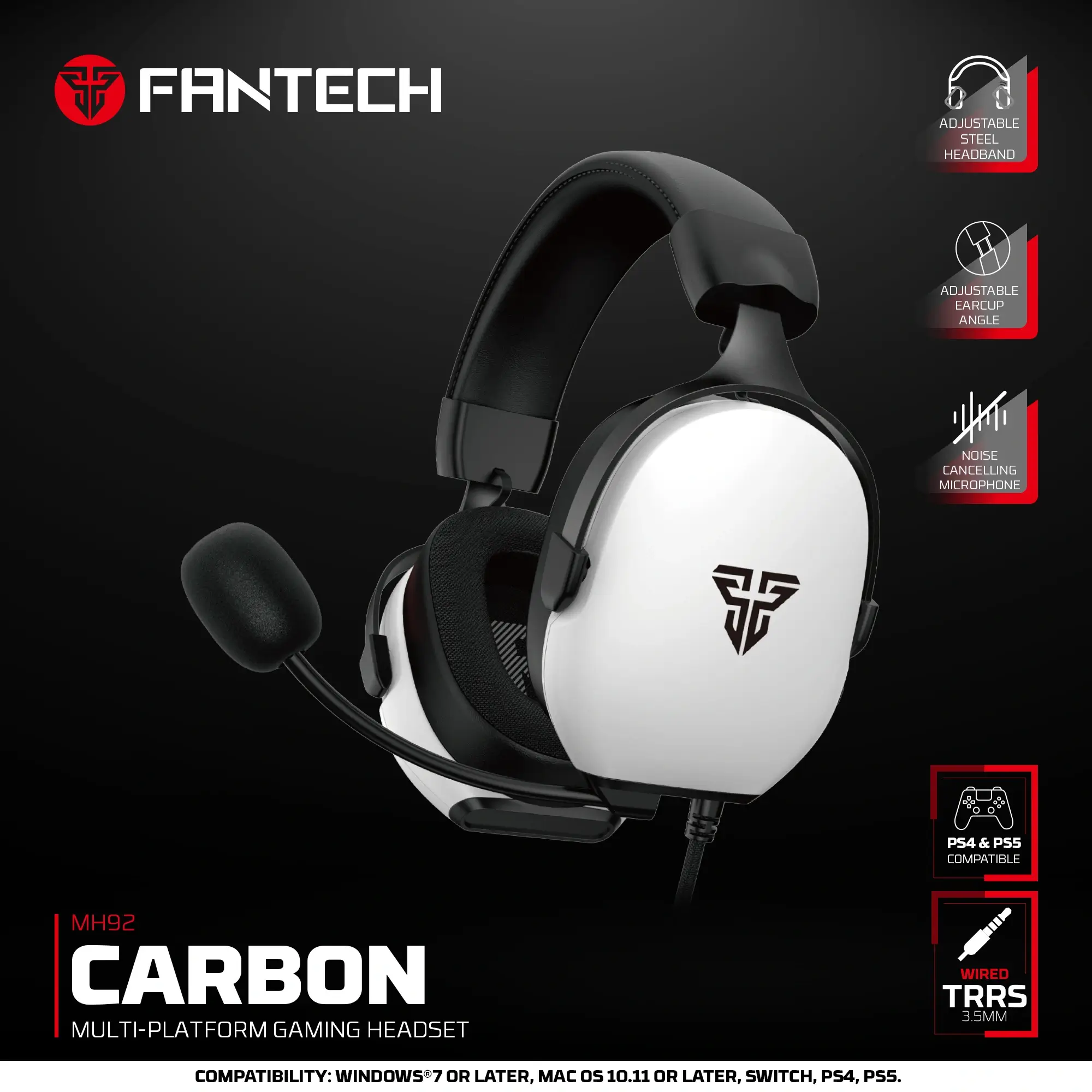 سماعة الألعاب السلكية Fantech Carbon MH92 باللون الأبيض