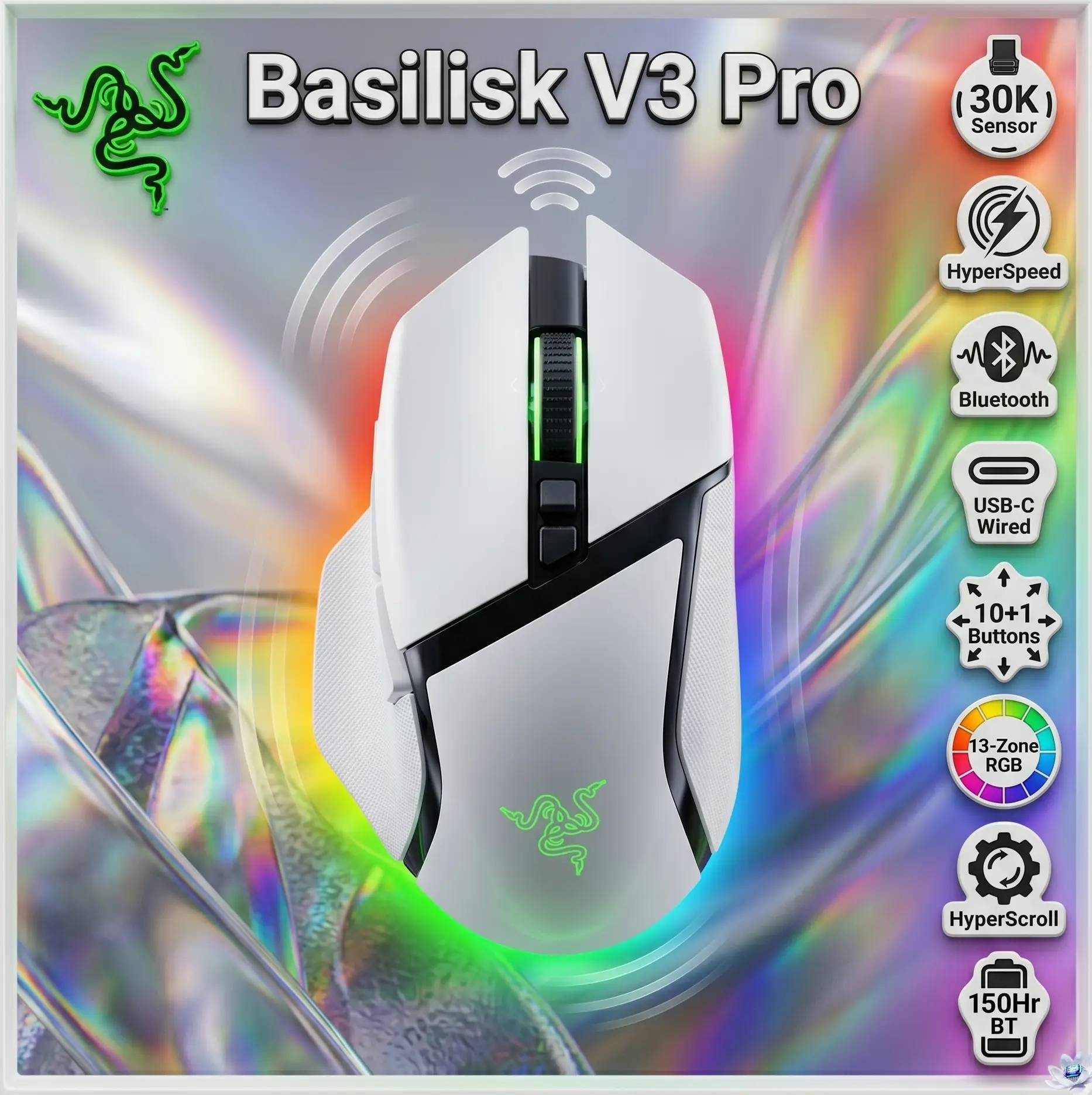Razer Basilisk V3 Pro RGB Wireless Gaming Mouse White Open Sealed