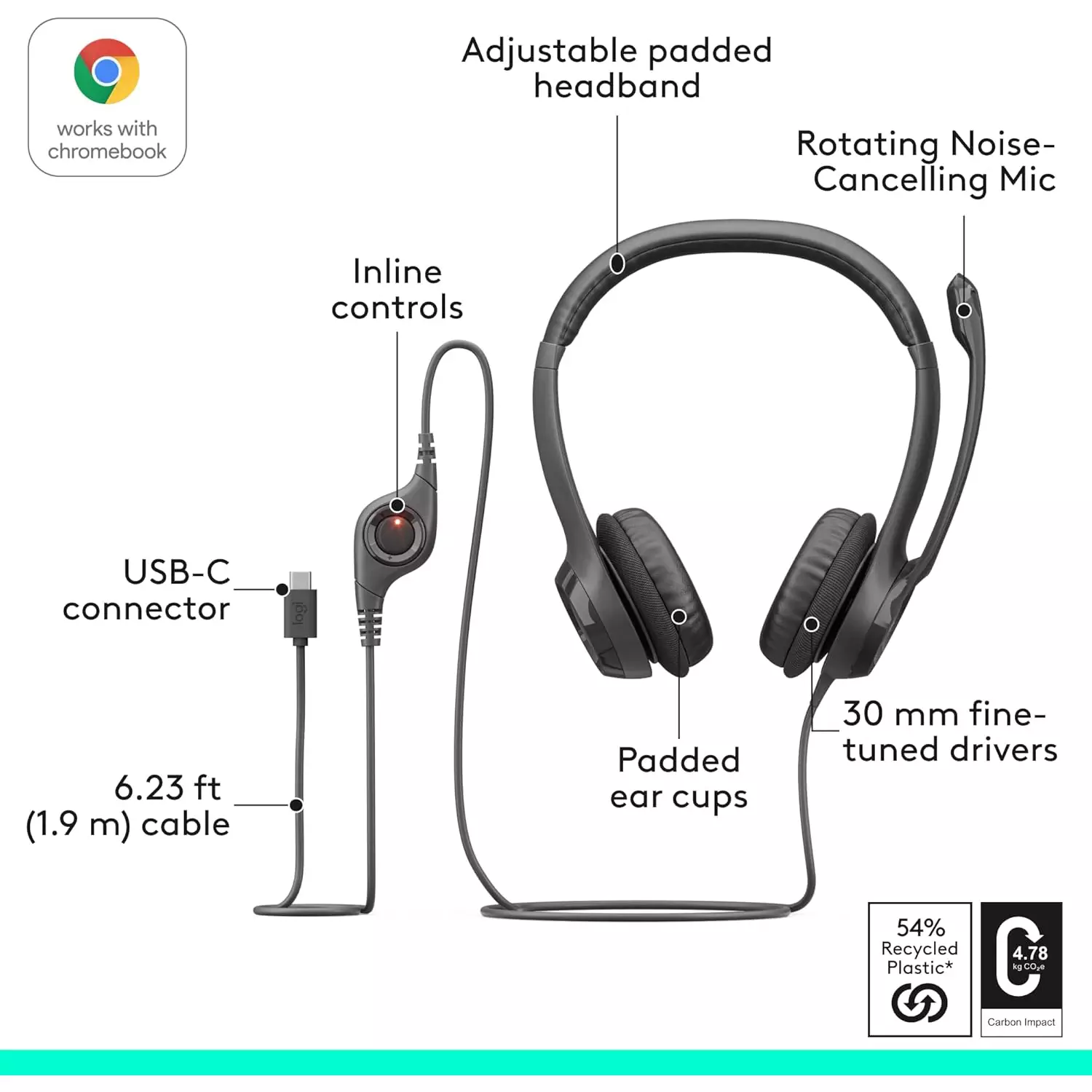 Logitech H390 USB-C Wired Headset Black
