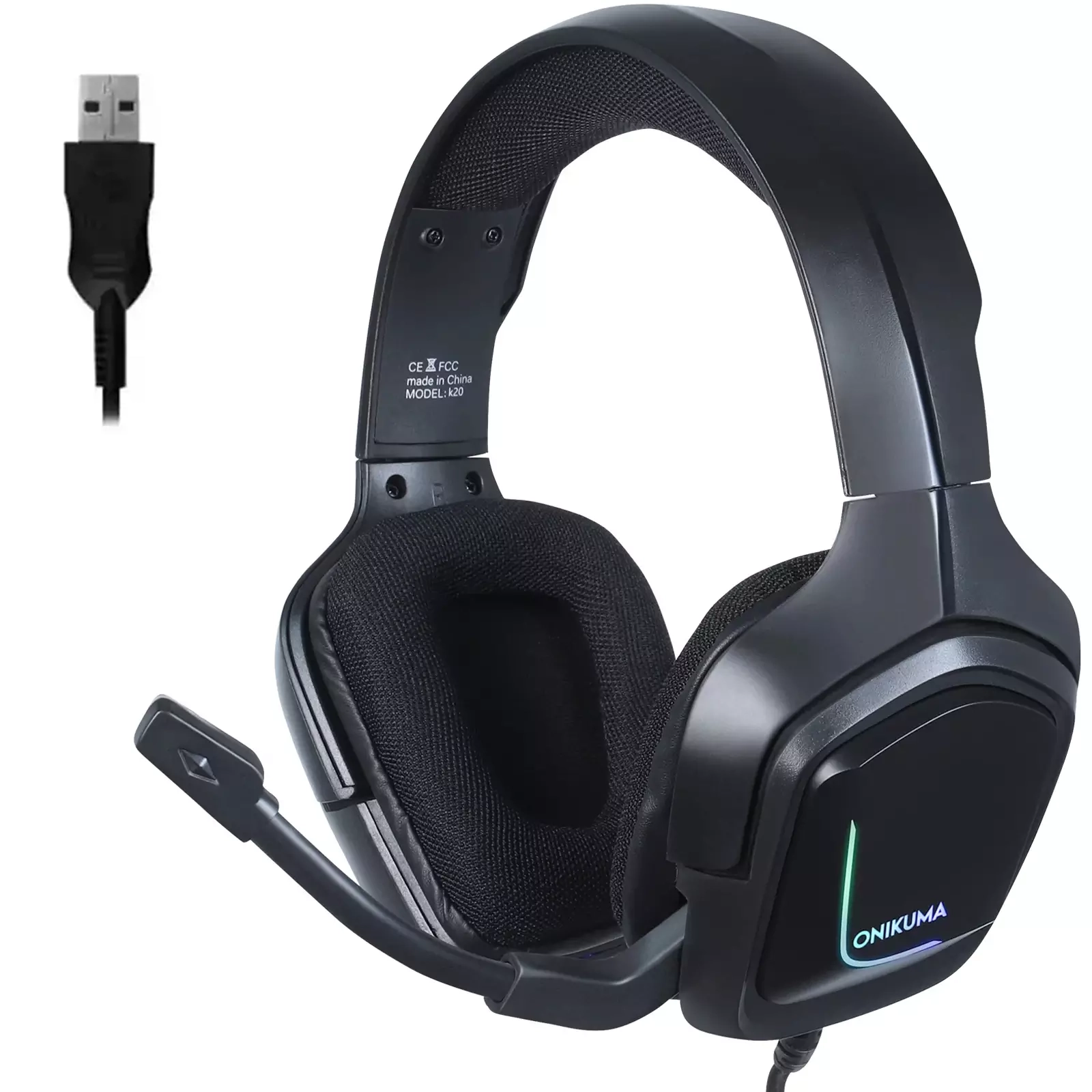 سماعة أونيكوما K20 جيمنج USB سلكية RGB - أسود - بدون ملصق
