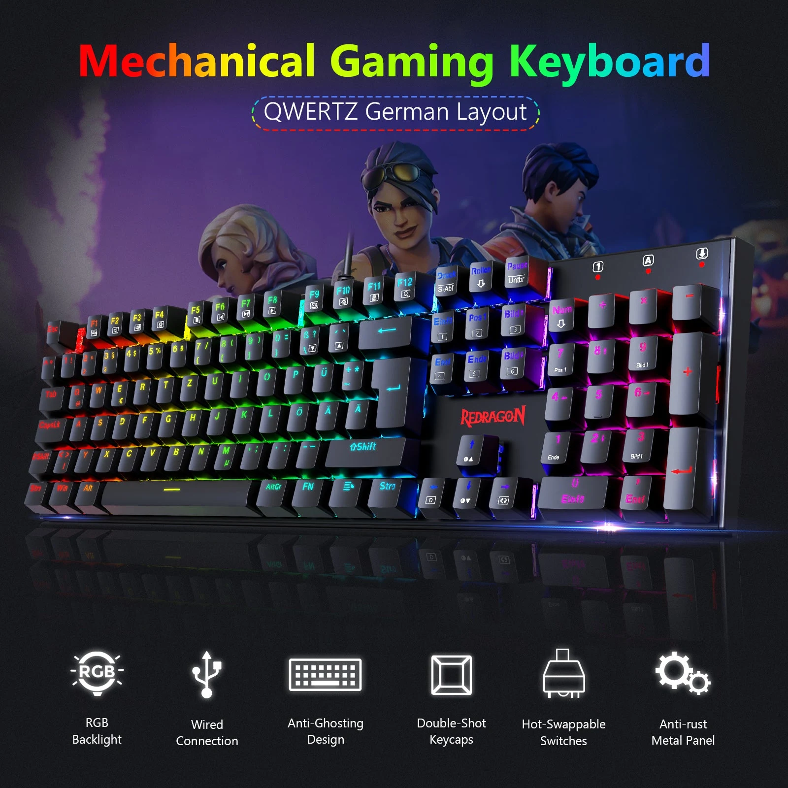 Redragon K565R RUDRA Rainbow Mechanical Wired Gaming Keyboard Brown Switch