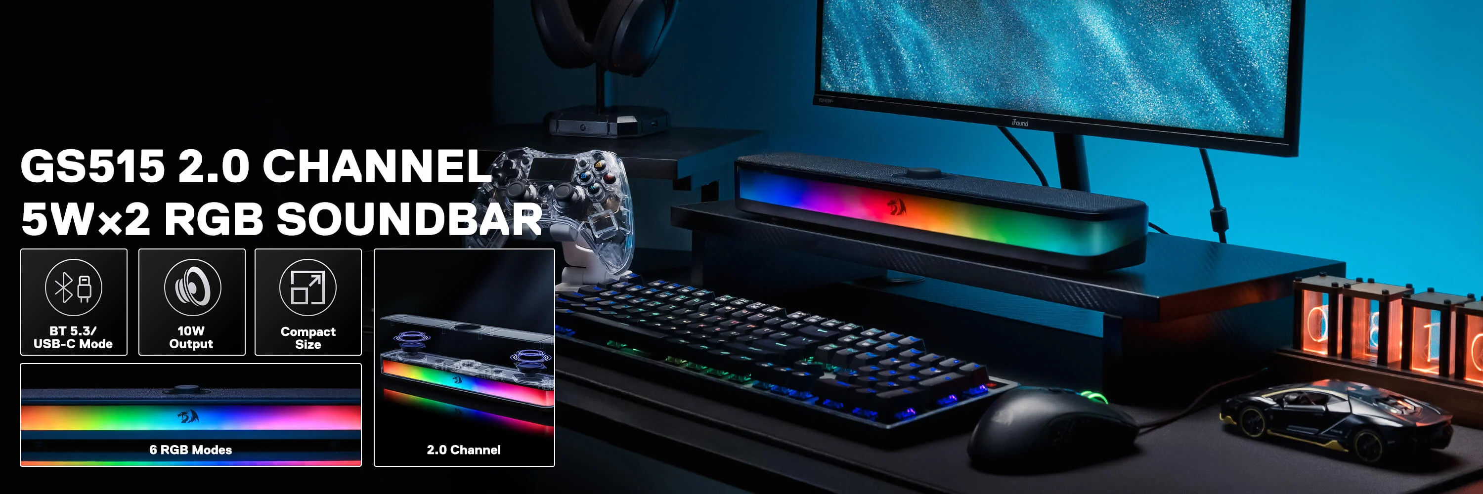 Redragon GS515 NEO Wireless RGB PC Soundbar Black