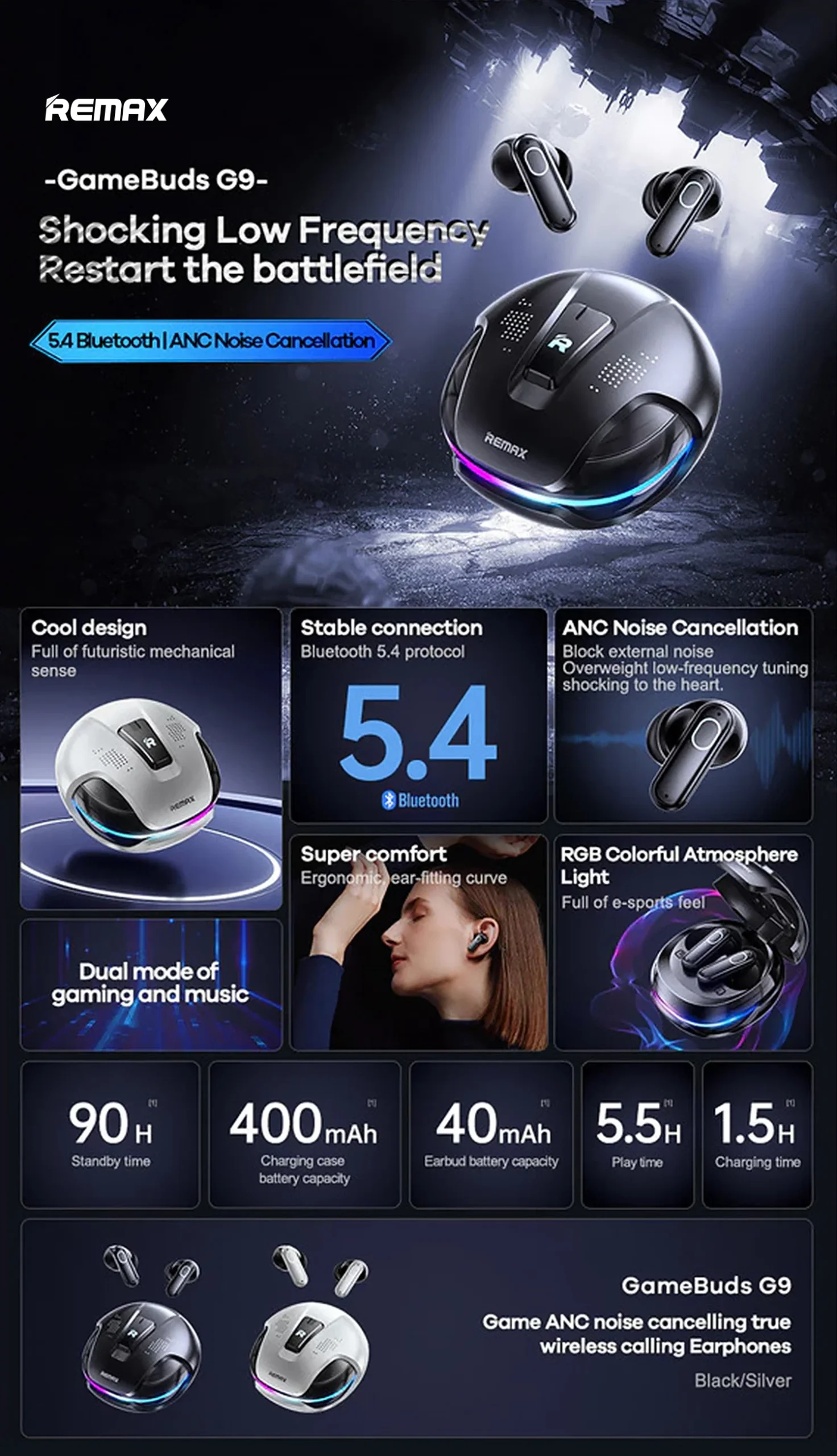 REMAX Gamebuds G9 Gaming ANC True Wireless Earbuds - Black