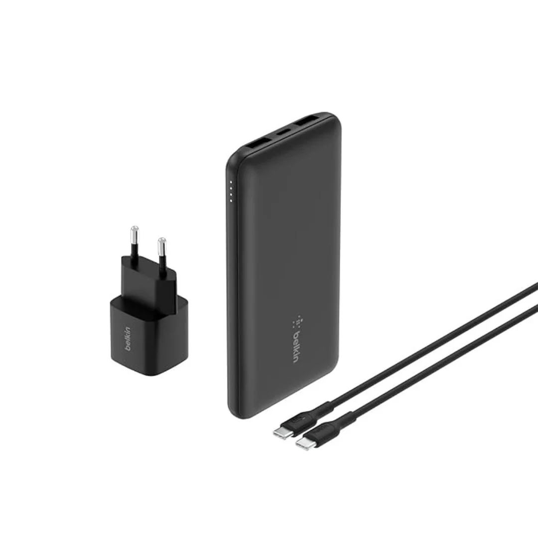 بلكين ترافل باور باندل مع باور بانك 10K وشاحن حائط USB-C أوروبي 25W وكابل - أسود