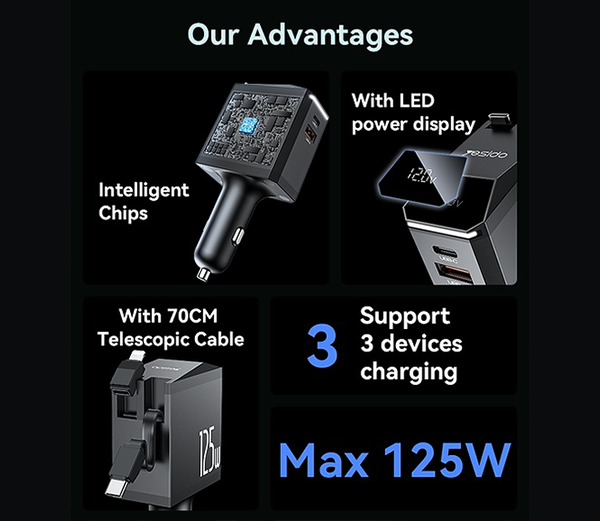YESIDO Y71 125W 3-in-1 Retractable Car Charger